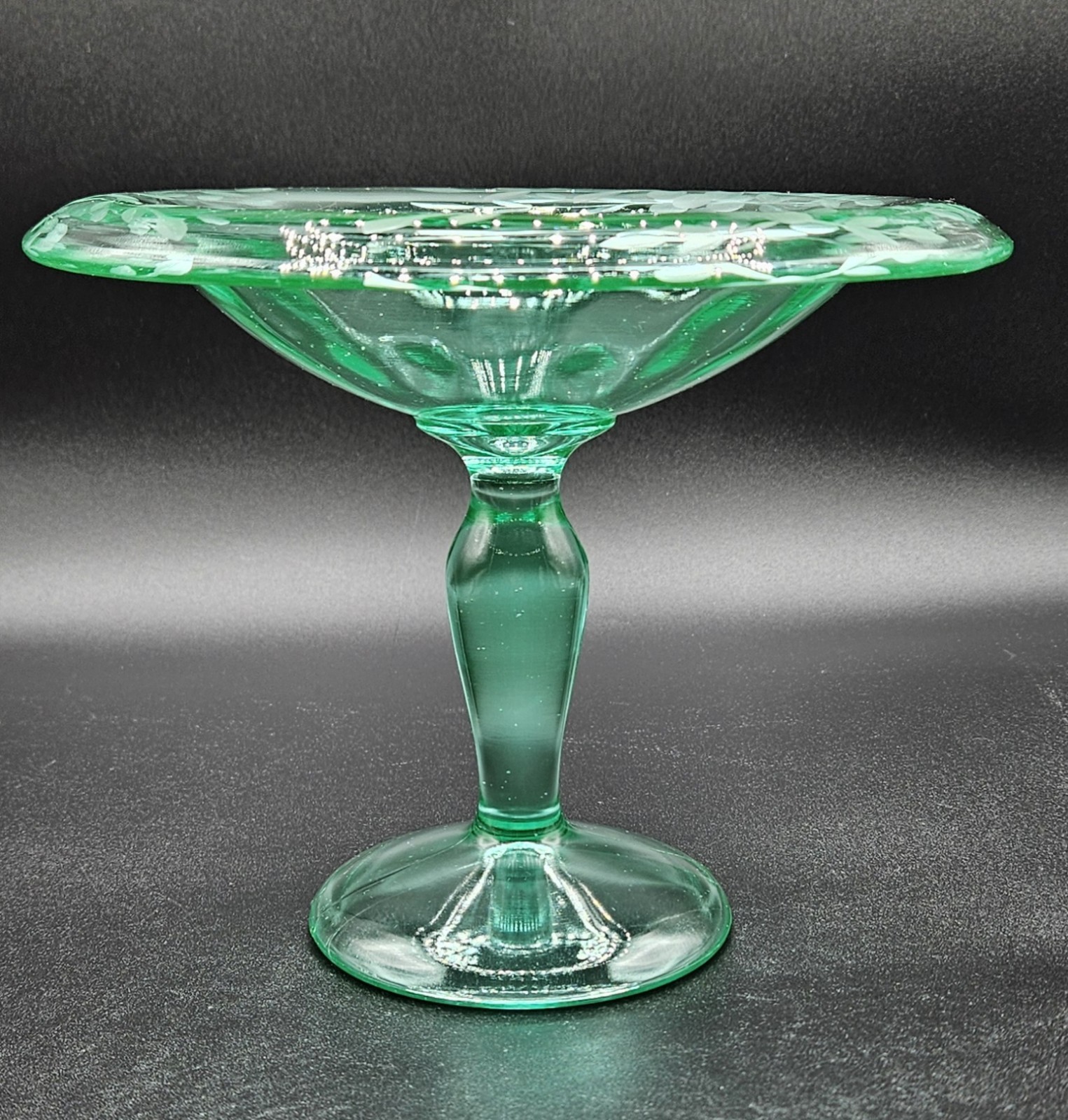 Green Depression Etched Vaseline Uranium Candy Dish Glass Pedestal Compote
