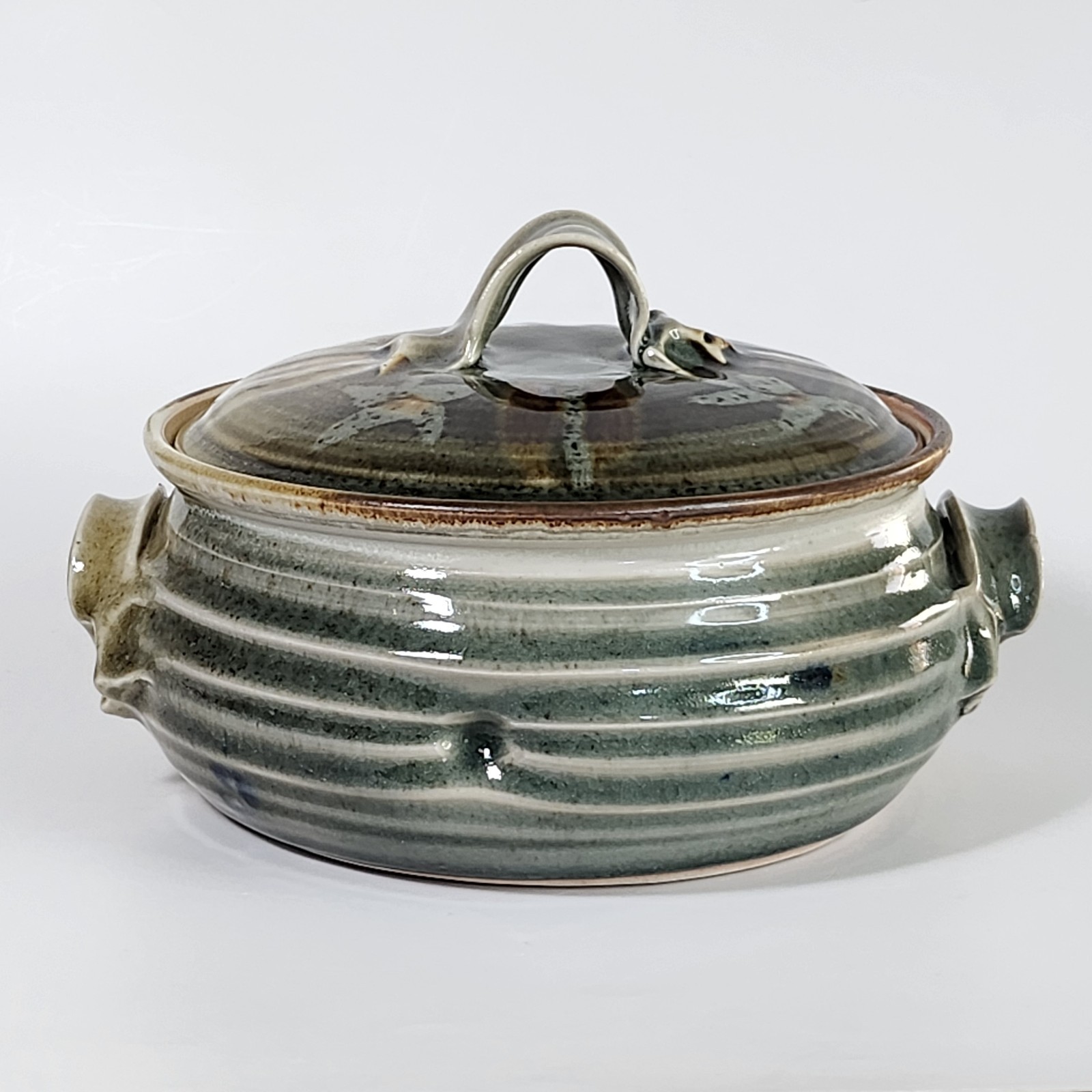 Studio Art Pottery Handmade Glossy Crackle Glaze Ceramic Lidded Casserole Dish