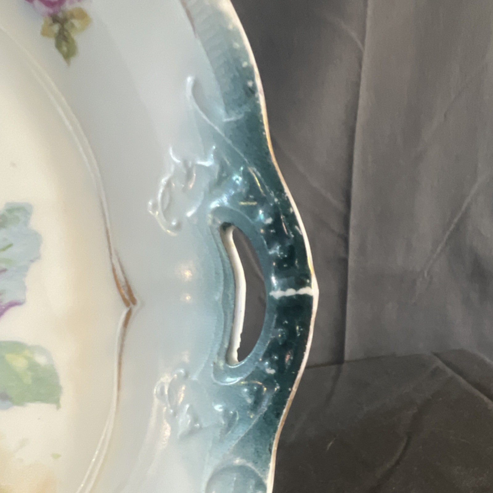 Floral Round Handled Ceramic Platter Blue Rim Glossy Art Pottery MPN 52