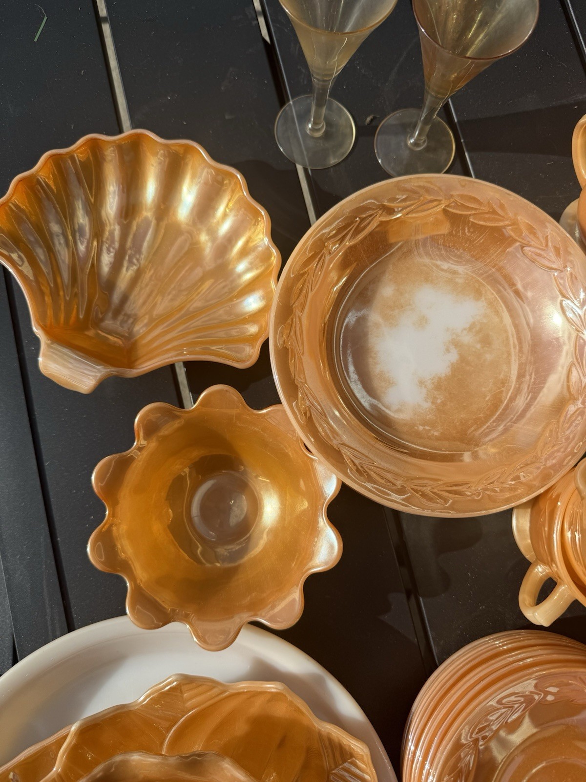 Marigold Carnival Glass Leaf Dinner Set Iridescent Cups Saucers Plates Bowls