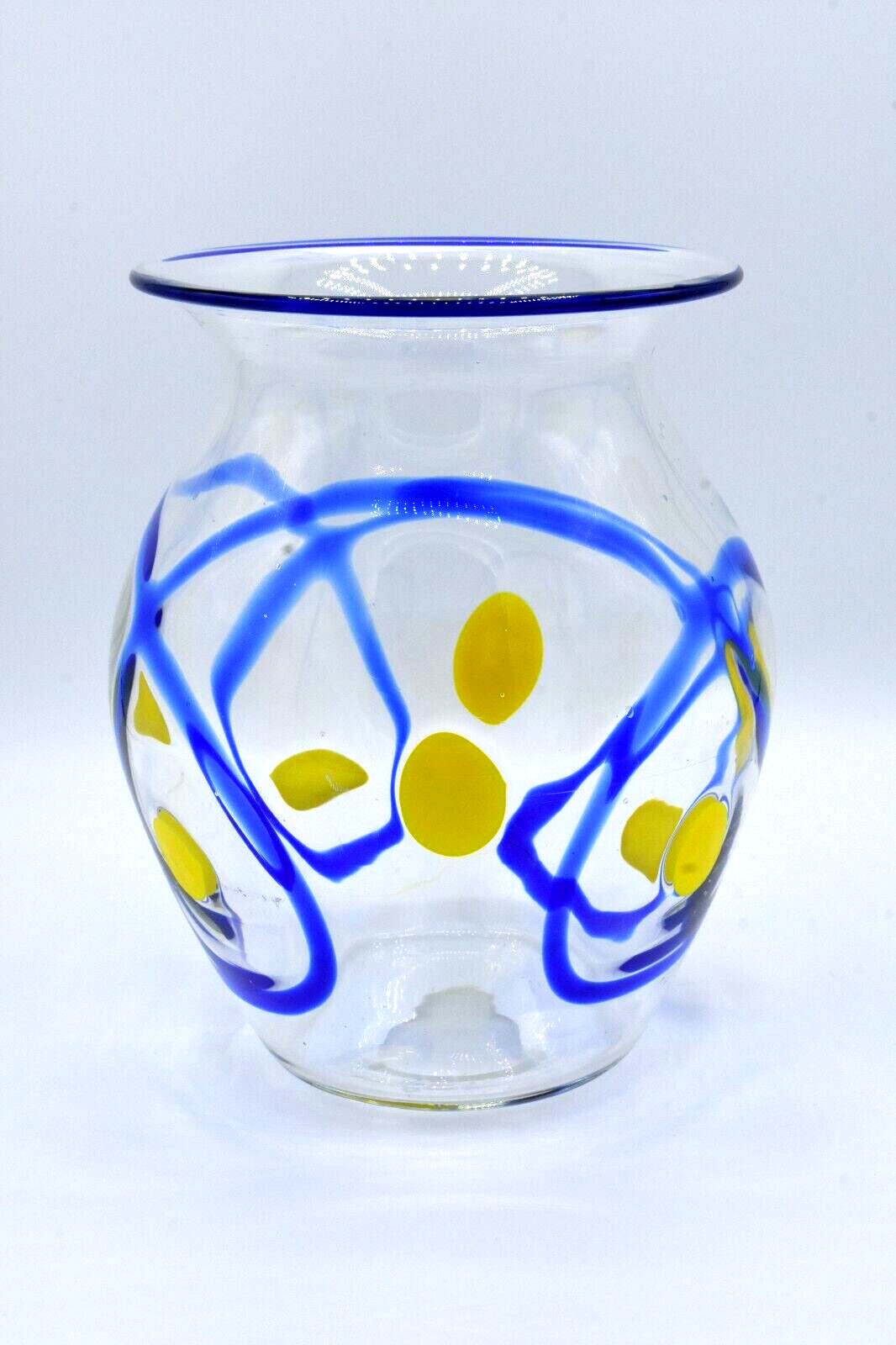 Hand Blown Art Glass Vase Clear with Cobalt Blue Swirls Yellow Spots Mexico?