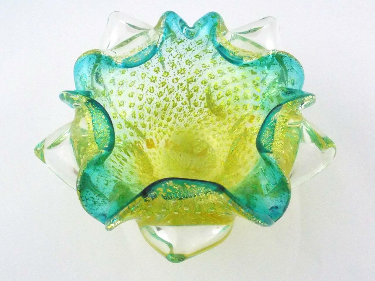 Italian Art Glass Polished Base Controlled Bubble Flower Bowl Green Blue V GOOD