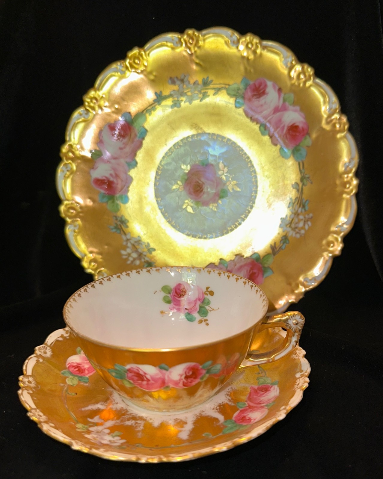 Antique Limoges Coronet Heavy Gold Cabbage Roses Trio Cup Saucer Plate handpaint