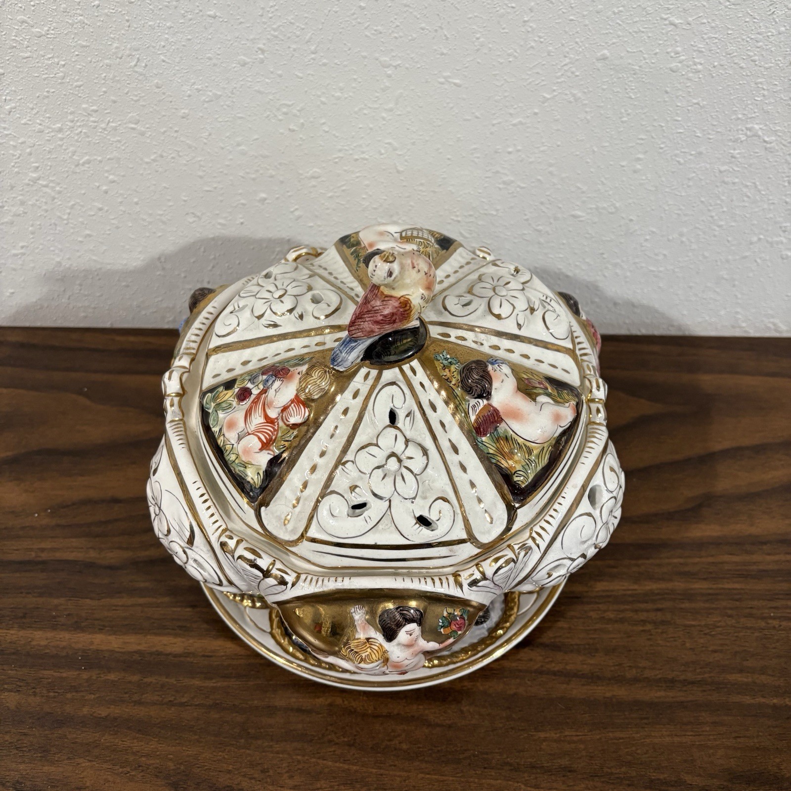 Capodimonte Porcelain Cherubs Candy Dish Bowl & Plate Lidded Footed 1366 Angels