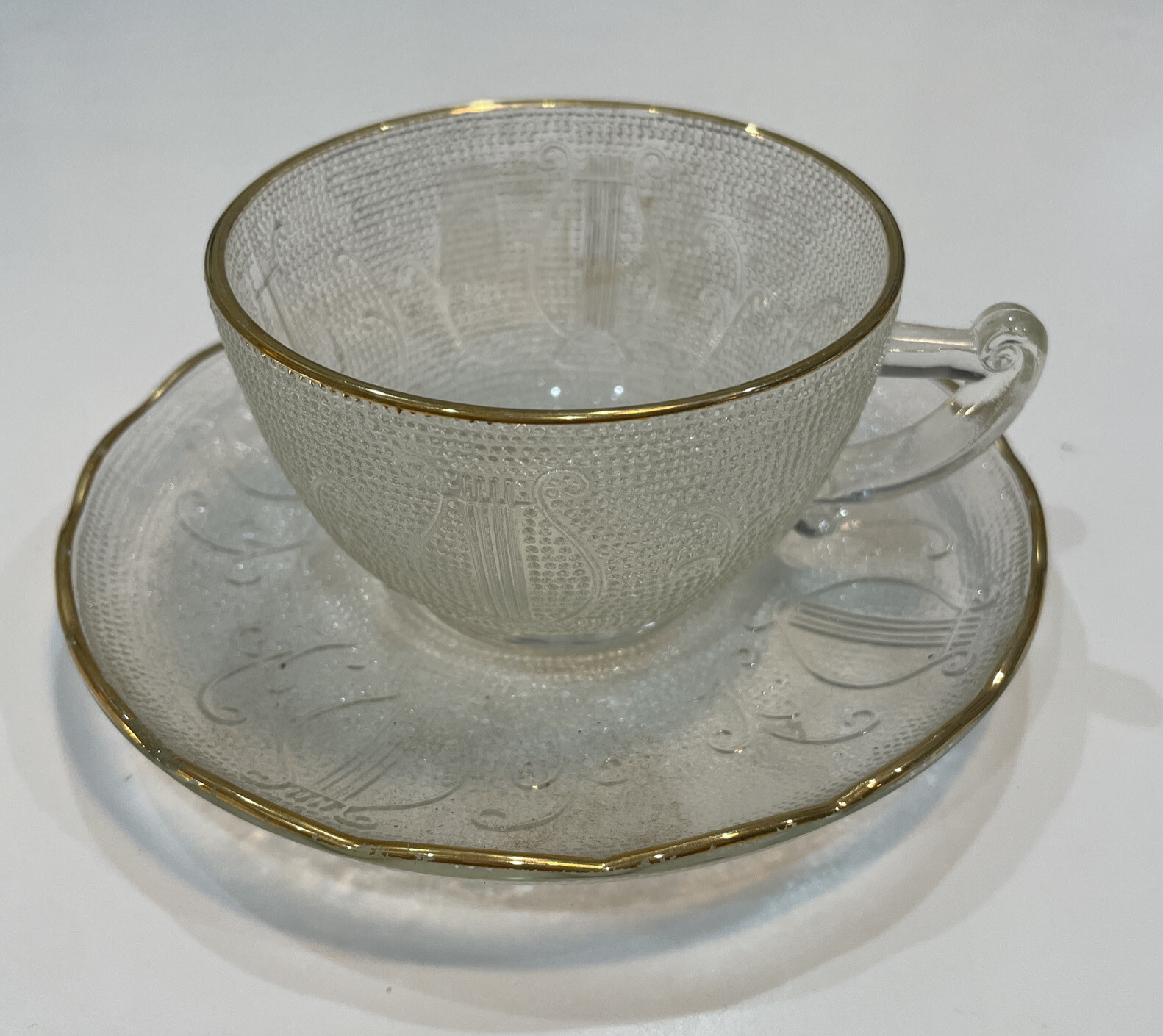 4 Jeannette HARP CRYSTAL ” CUPS & SAUCERS * 4 Ashtrays/coasters & 4 Salad Plates