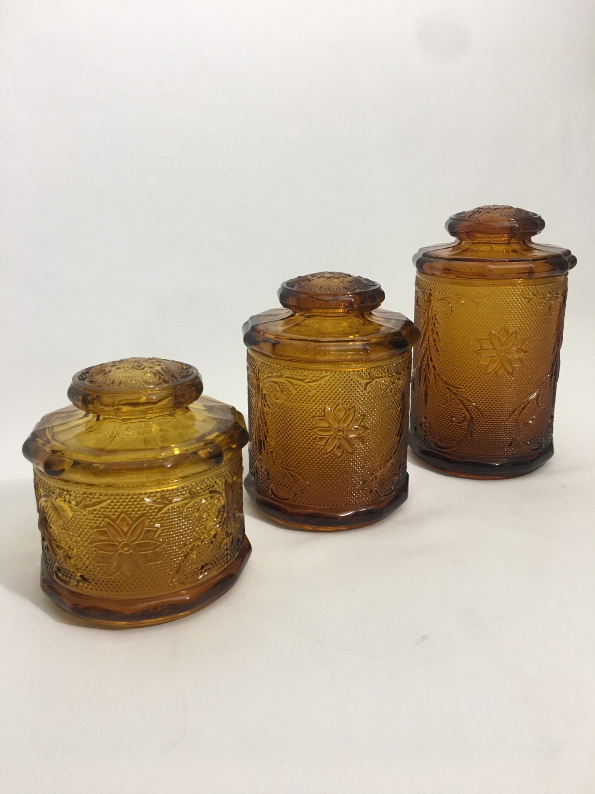1980s TIARA Indiana Glass Amber Sandwich Pattern 3 Piece Canister Set lids NEW