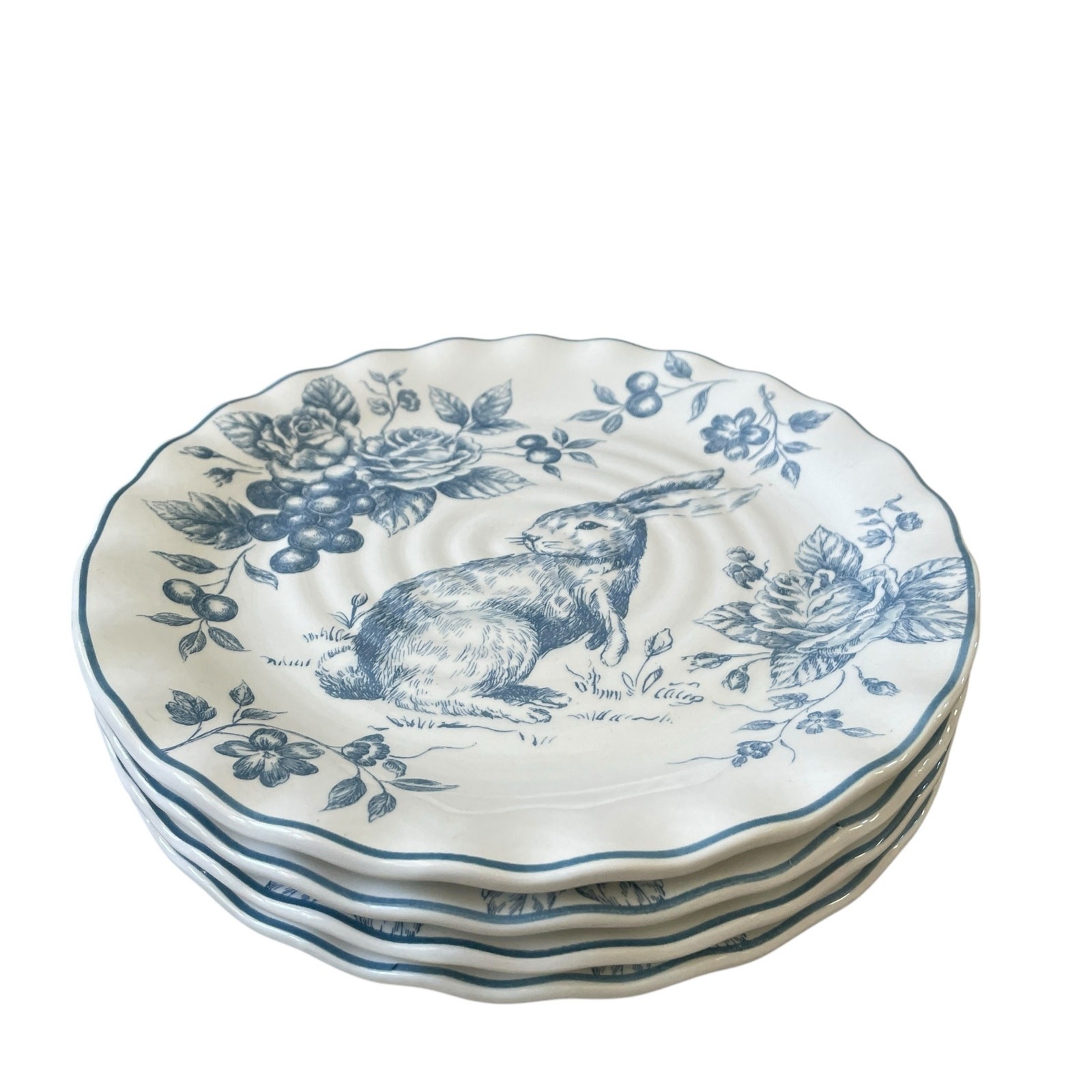 NEW Maxcera Blue Toile Bunny Rabbit Dinner Plates 11″ Scalloped Easter Set of 4