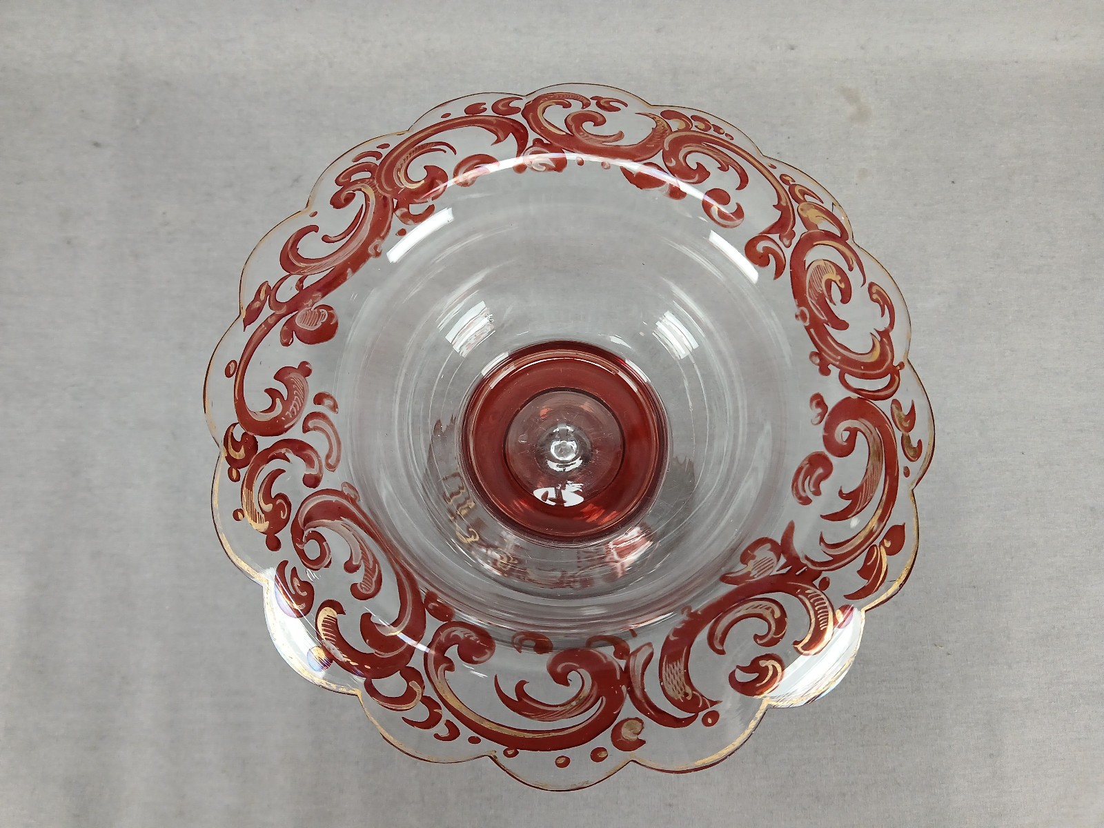 Mid 19th Century Bohemian Ruby Stained & Gold Scrollwork 5 1/8 Inch Compote