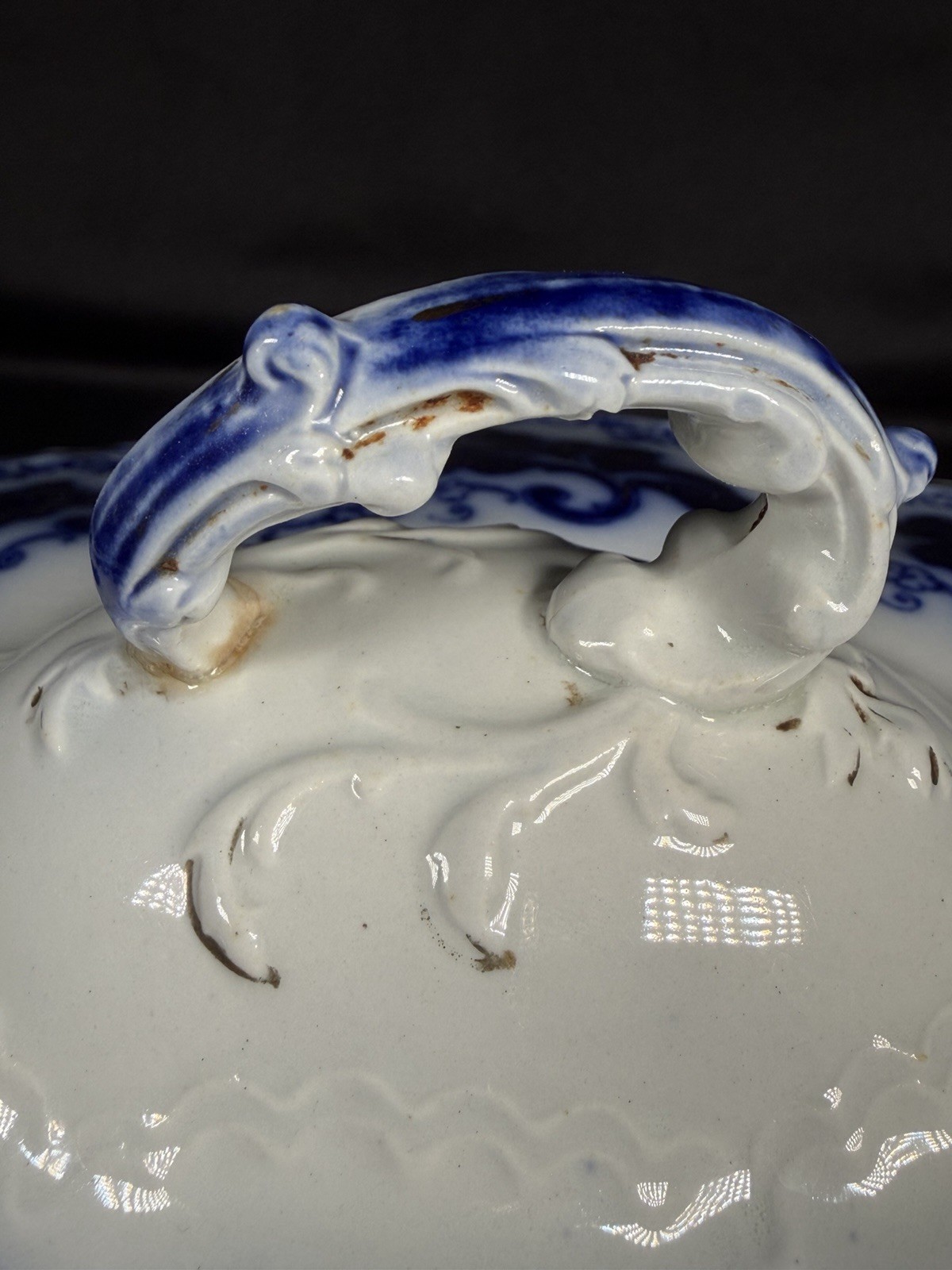 Antique Johnson Bros Normandy Flow Blue Oval Covered Vegetable Bowl Dish 11.5”