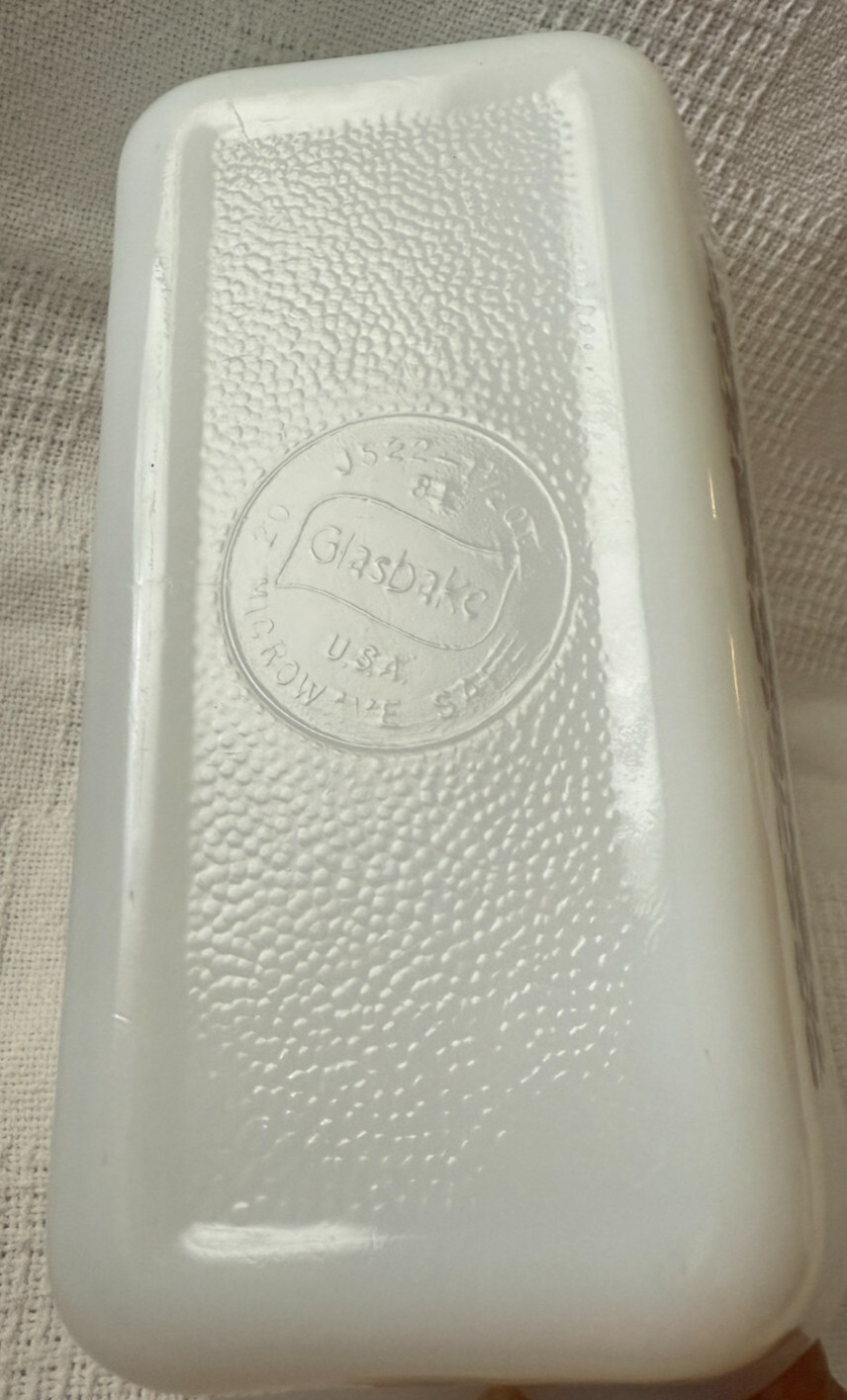 Vintage White Glasbake Baking Dish Loaf Pan J-522 Brown Floral Pattern 1.5 QT