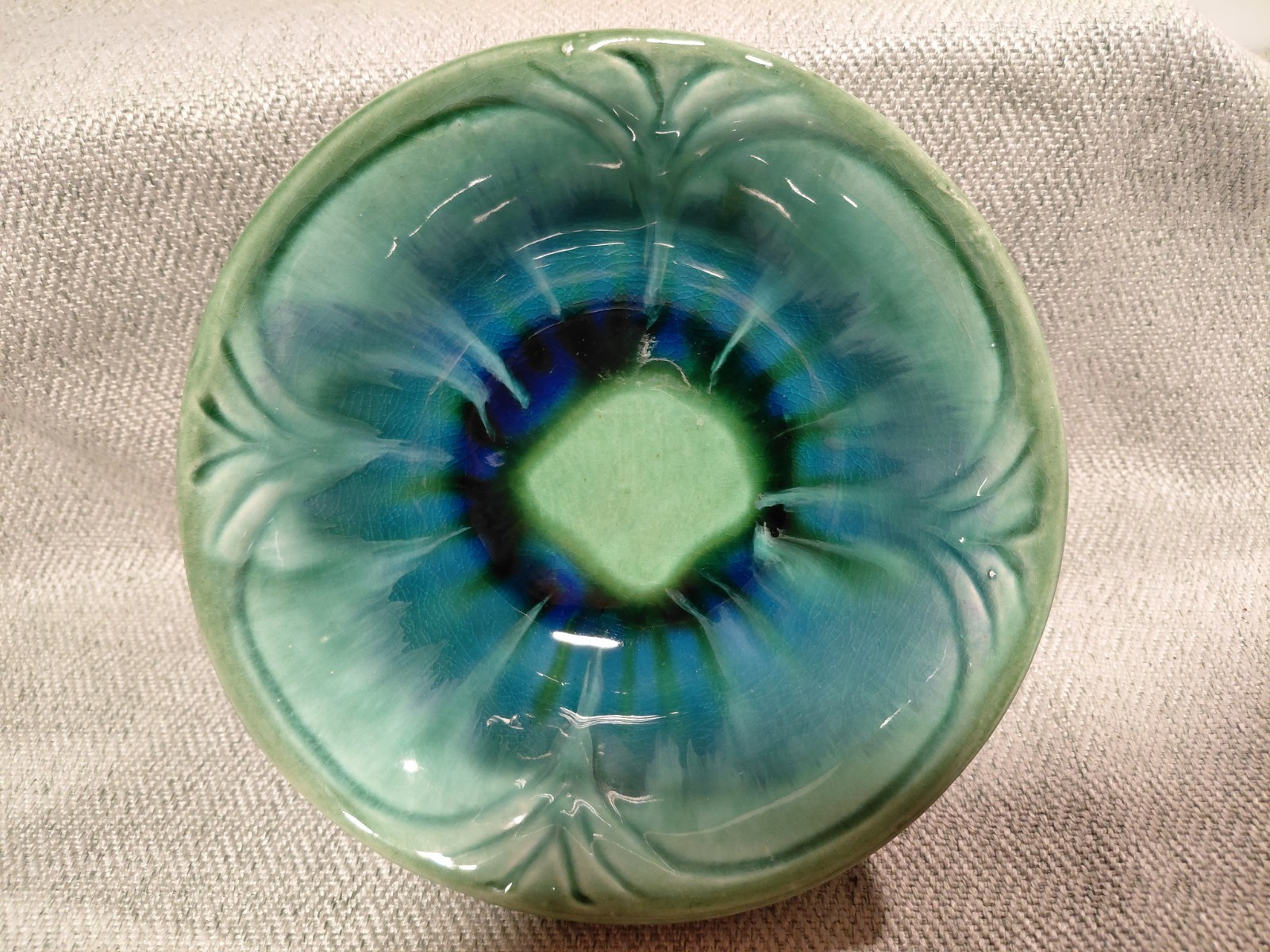 California Pottery 273 USA Green & Blue floral drip glaze bowl MCM