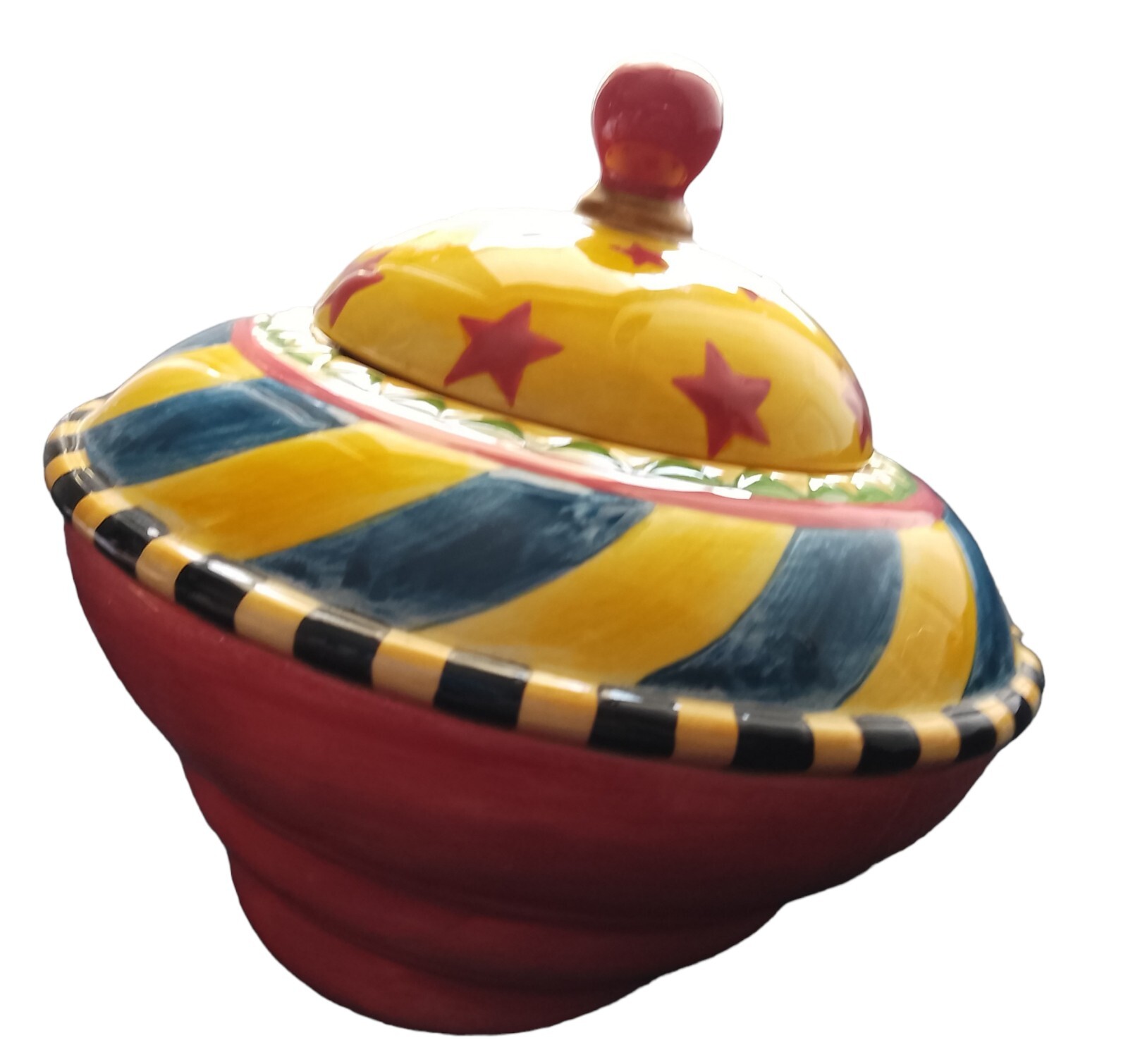 Vintage Vandor China 1997 colorful pottery slanted bowl 5” tall with lid jar