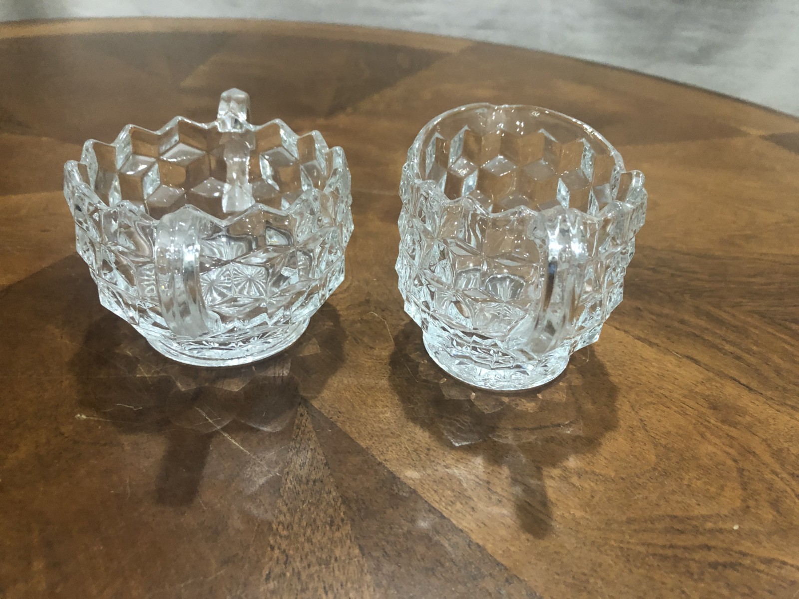 FOSTORIA CLEAR GLASS AMERICAN CUBIST PATTERN CREAMER, SUGAR BOWL AND TRAY SET