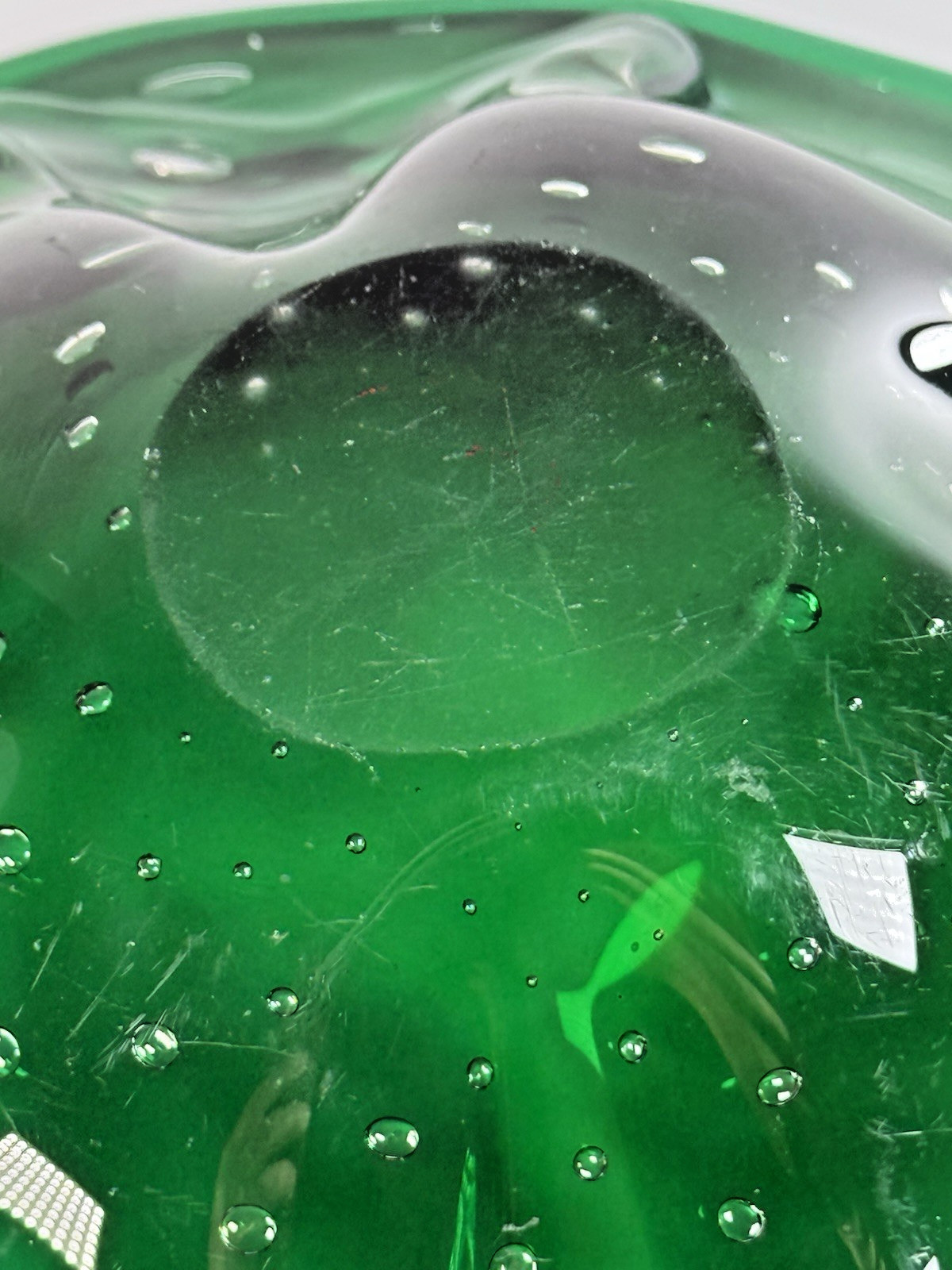 Hand Blown Controlled Bubble Dark Green Thick Glass Decor Bowl