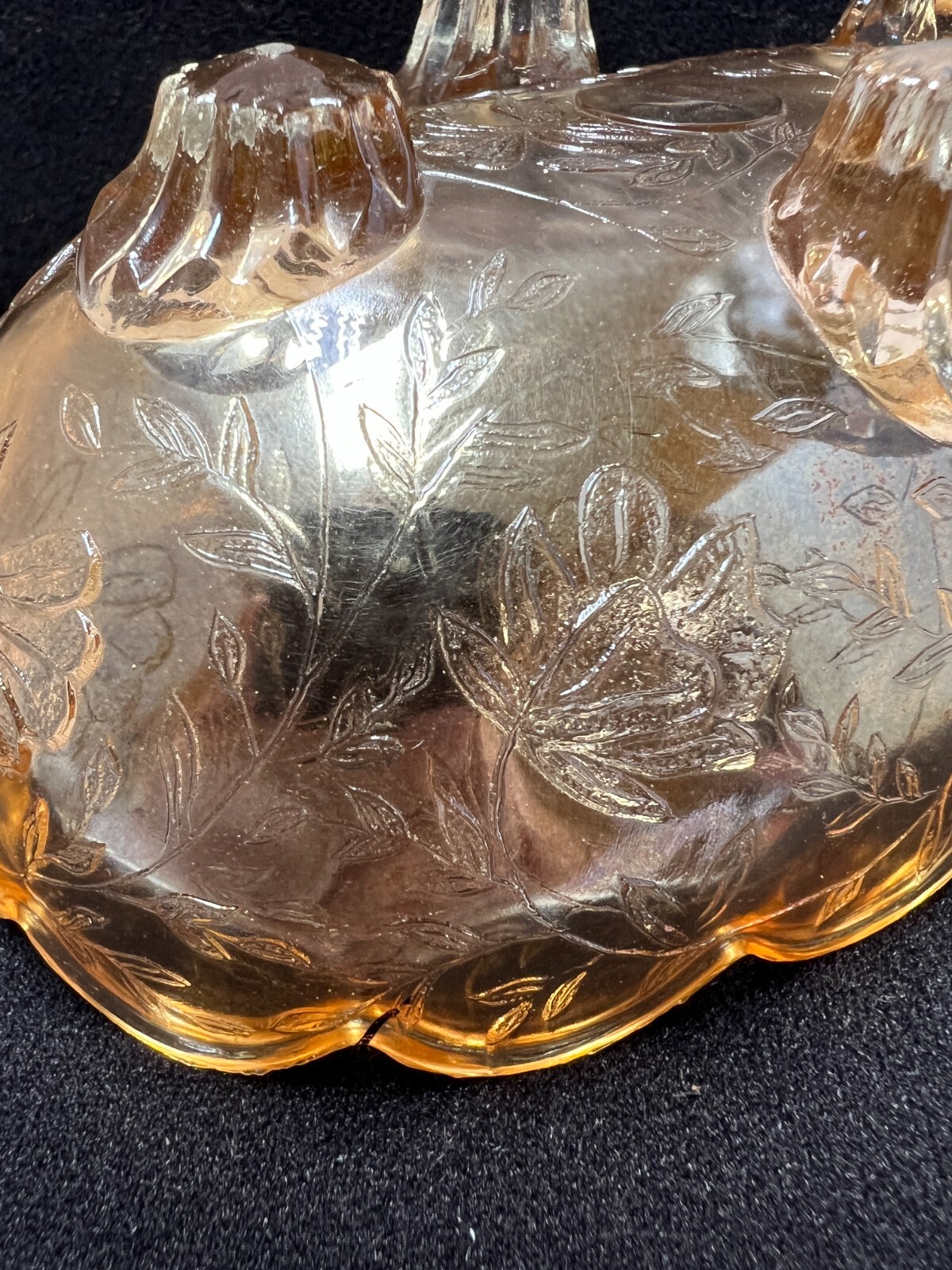Vtg Jeanette Flora Amber Iridescent Carnival Glass Small Candy Dish bowl 4 feet