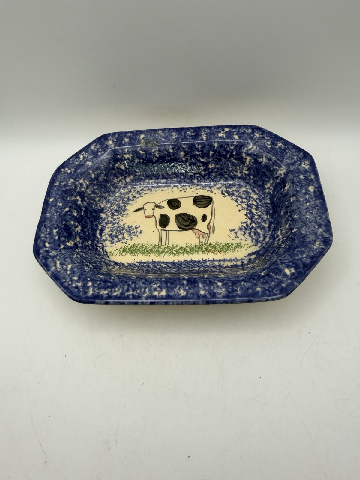 Molly Dallas Blue Spongeware Cow Octagon Serving Bowl Folk Art Pottery Signed