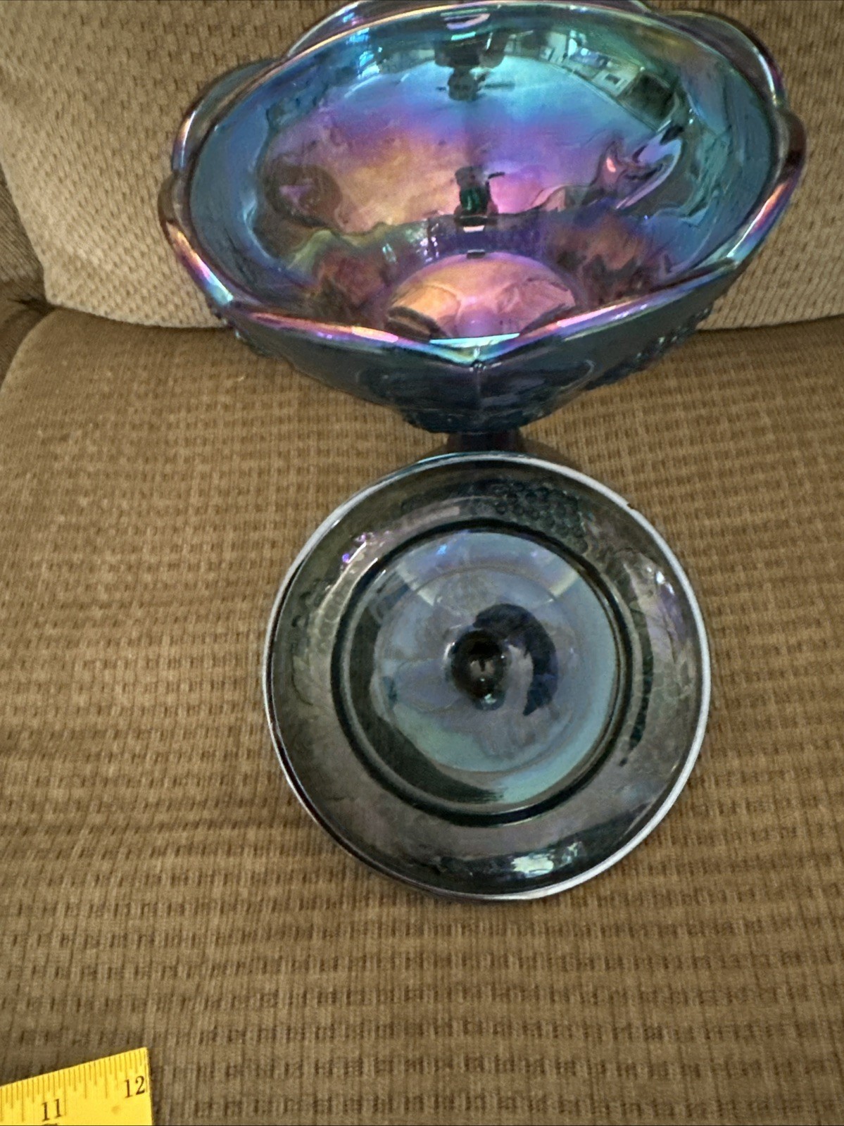 Vintage Iridescent Blue Carnival Glass Pedestal Bowl with Lid 11” Ht