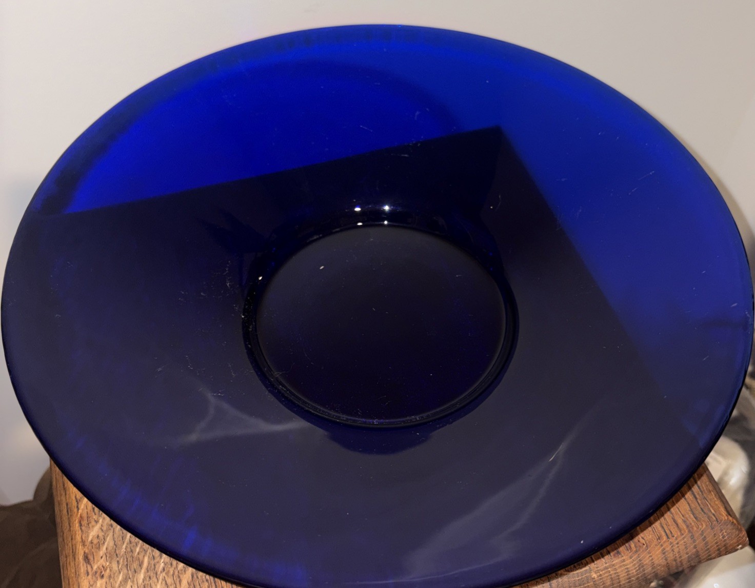 Vintage Cobalt Blue Glass Bowl Serving Fruit Decor 13 1/2 Inches Round Unbranded