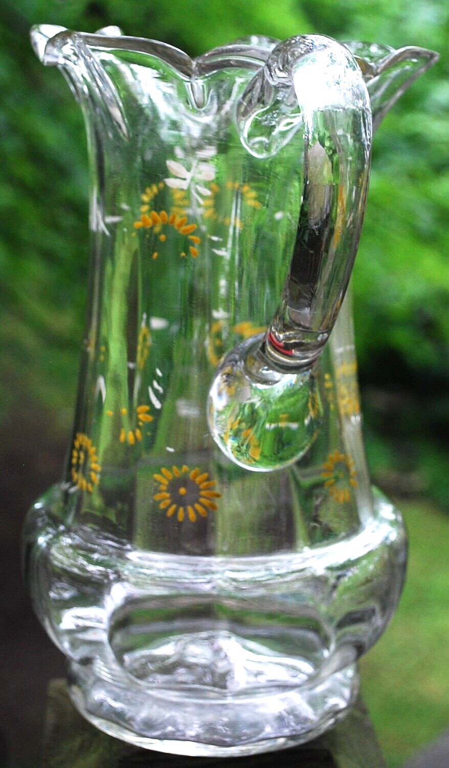 Antique Victorian PITCHER Clear Optic Glass FLORAL ENAMELED DAISIES Petal Rim