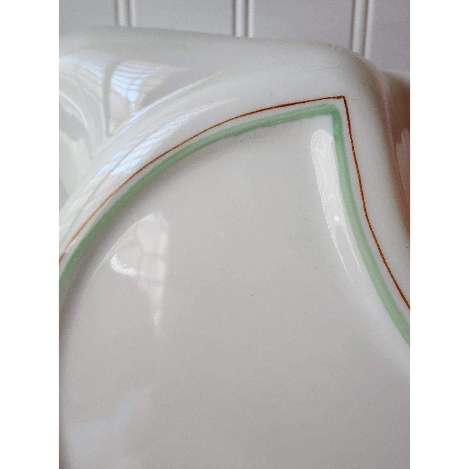 Vintage Wallace China Disc Pitcher, White with Red and Green Pinstripes