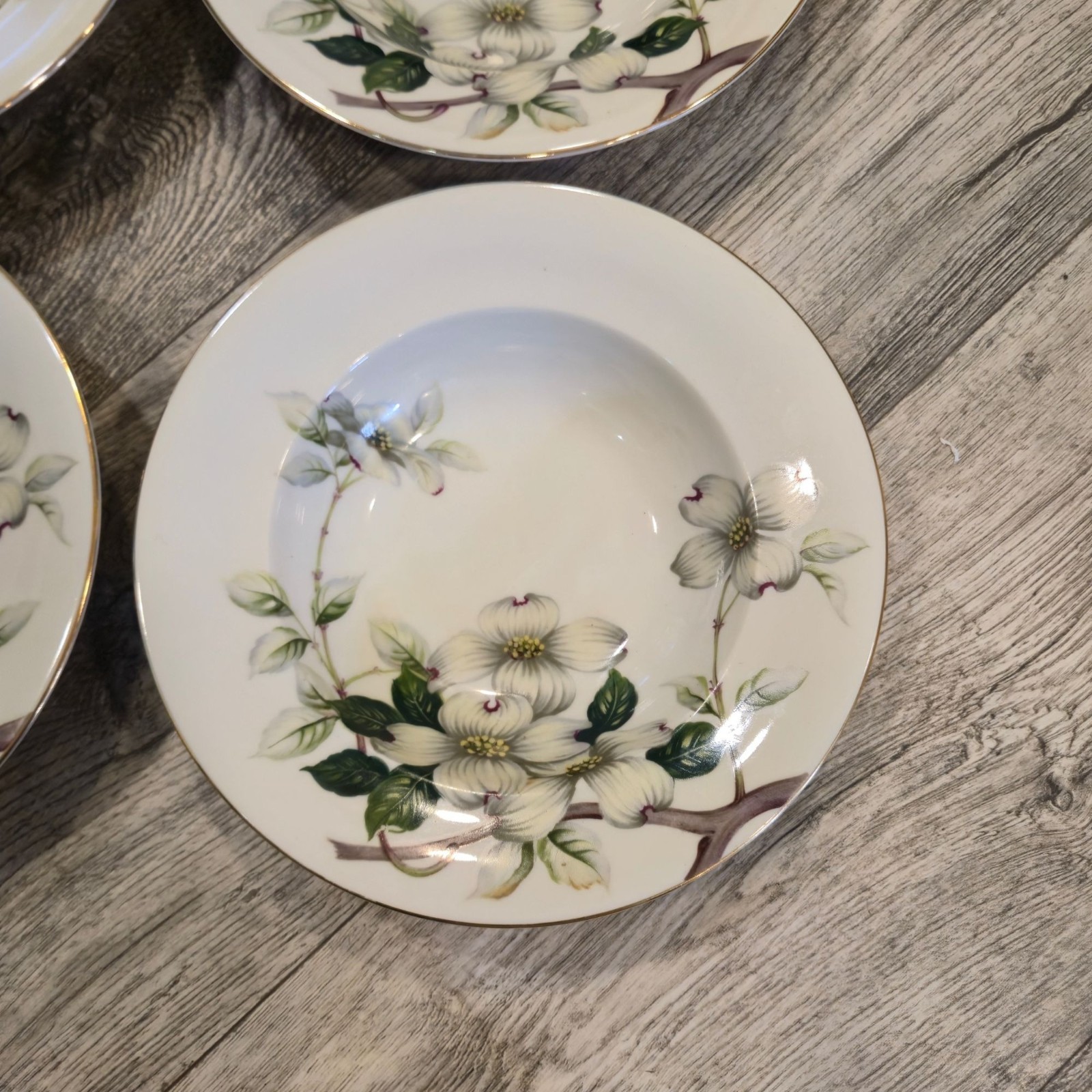 Vintage Dogwood floral Rimmed Soup Bowls Livonia Meito made in Occupied Japan x4
