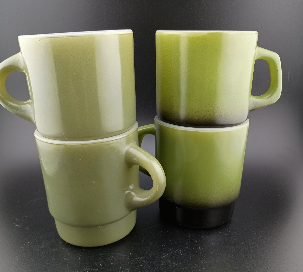 4 Olive Green Fire King Glass Coffee Tea Mugs Stackable 2 w Black 1970s Style