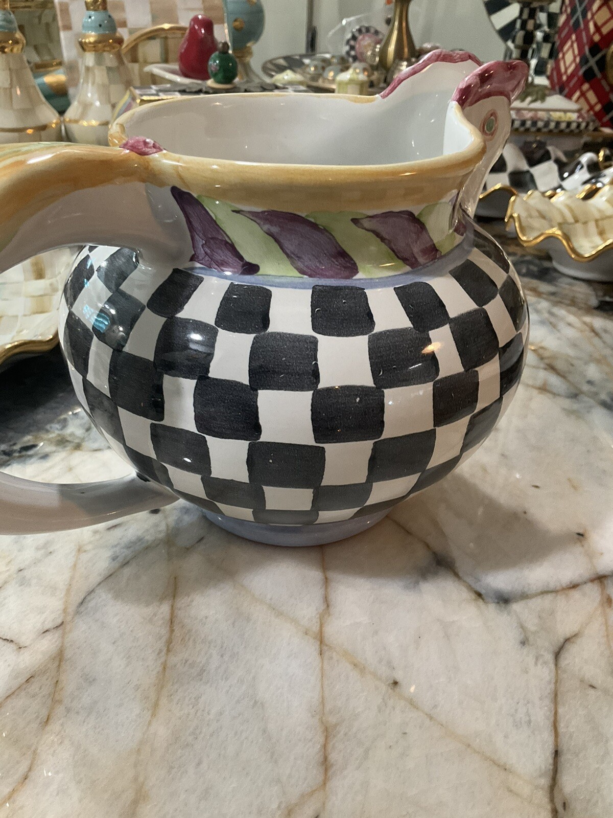 MacKenzie-Childs Piccadilly Chicken Ceramic Pitcher With Courtly Check