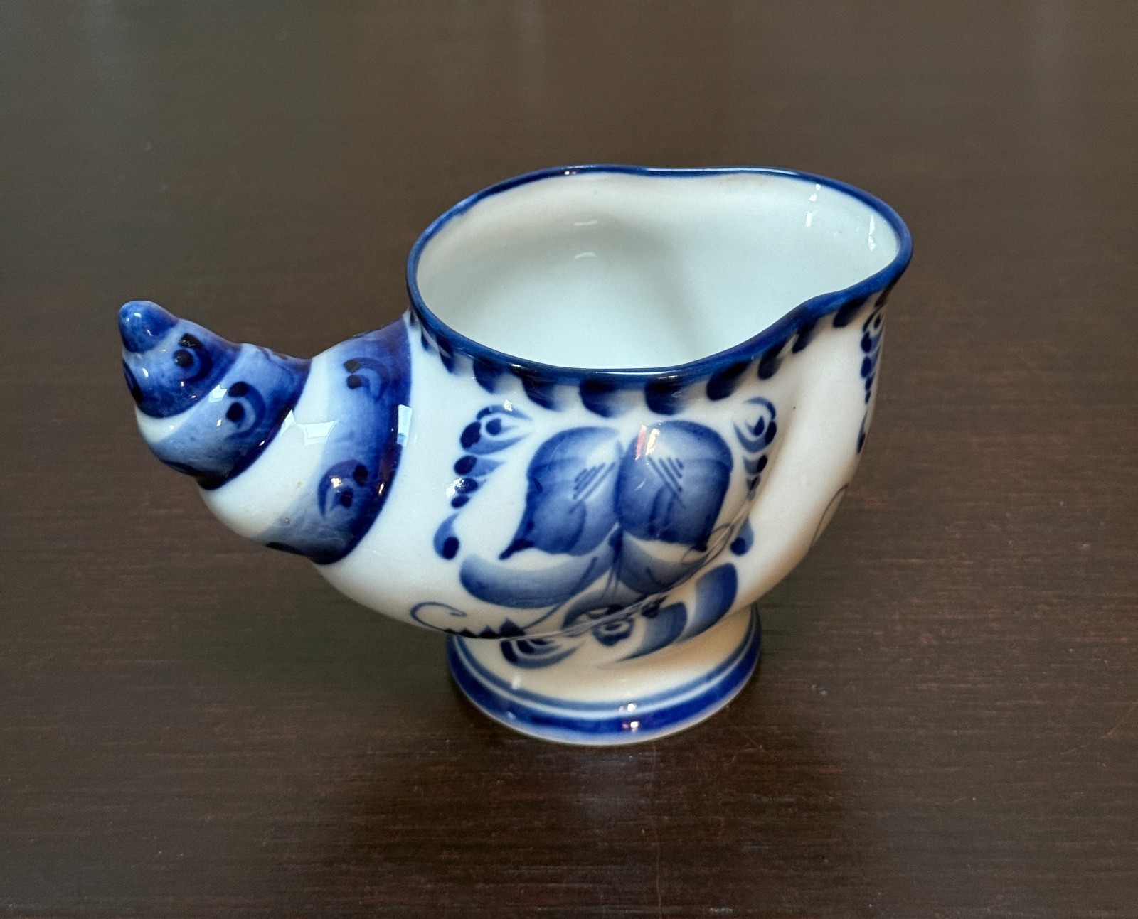 Vtg Gzhel Blue White Porcelain Cornucopia Creamer Pitcher Hand Painted Russia