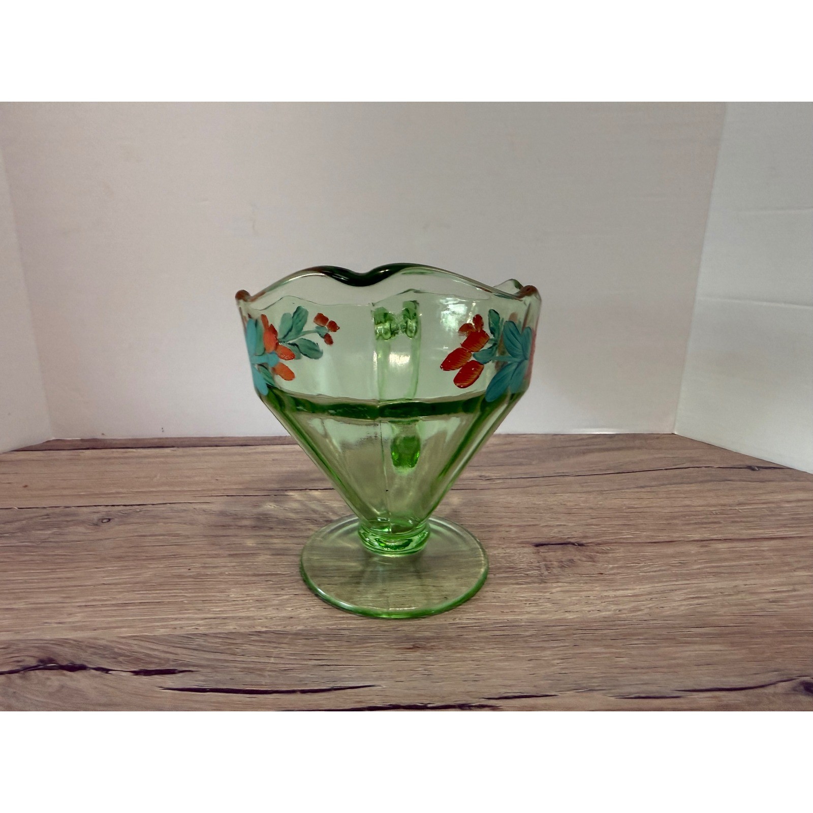 Vintage Green Glass Creamer Pitcher Hand Painted Floral Scalloped Footed 5in