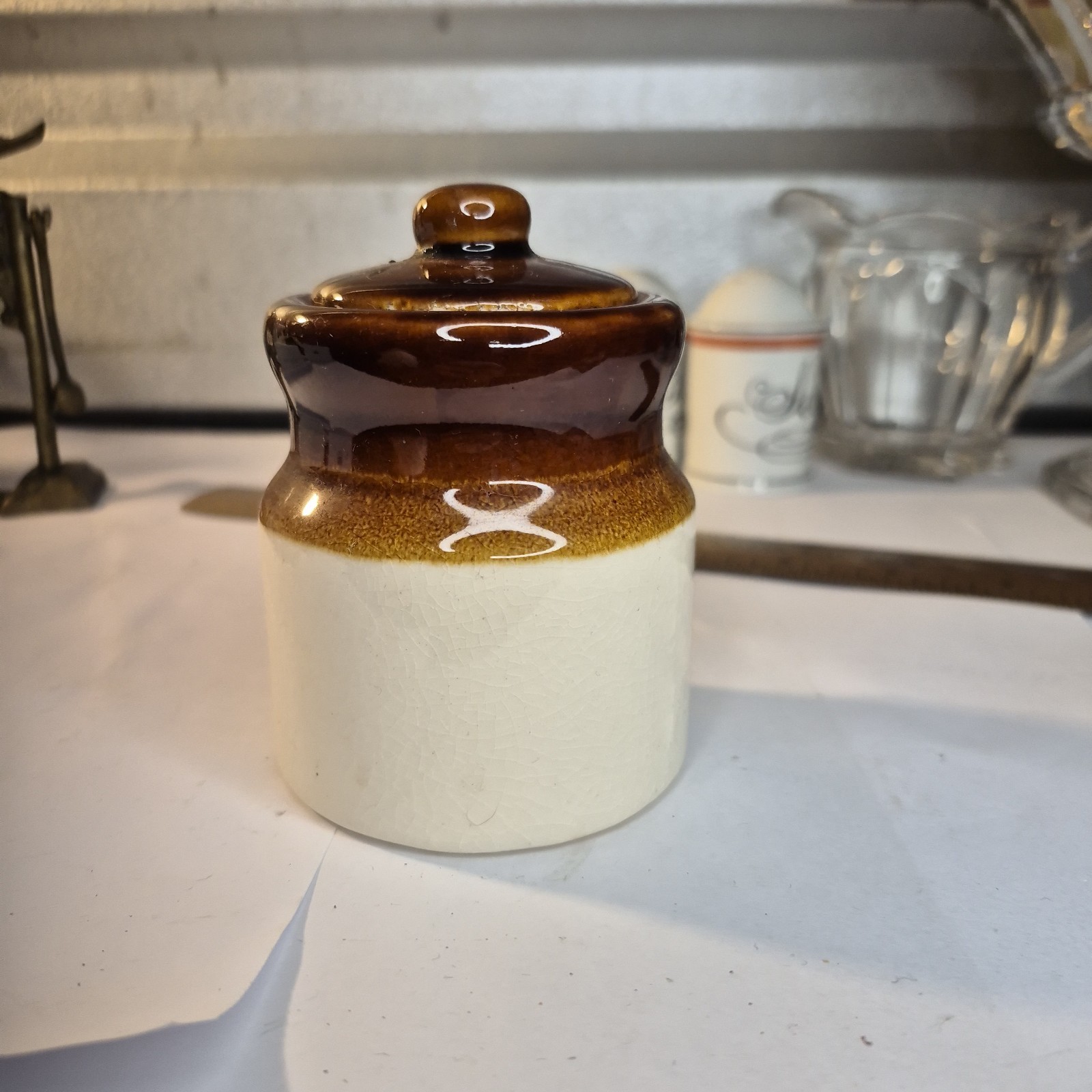 Vtg Brown Drip Glaze Stoneware Lidded Jar Small Crock Sugar Bowl Farmhouse BX01
