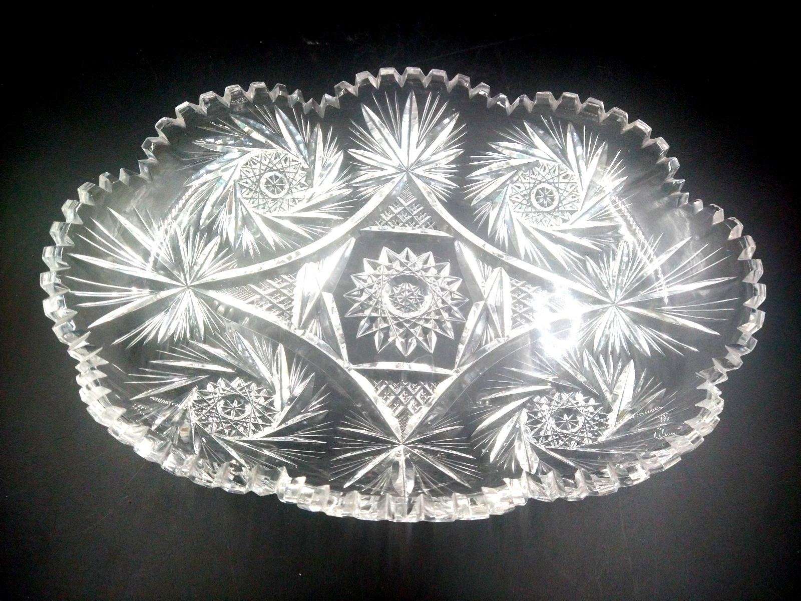 Antique American Brilliant ABP cut crystal Oval bowl Dish swirling star 12″