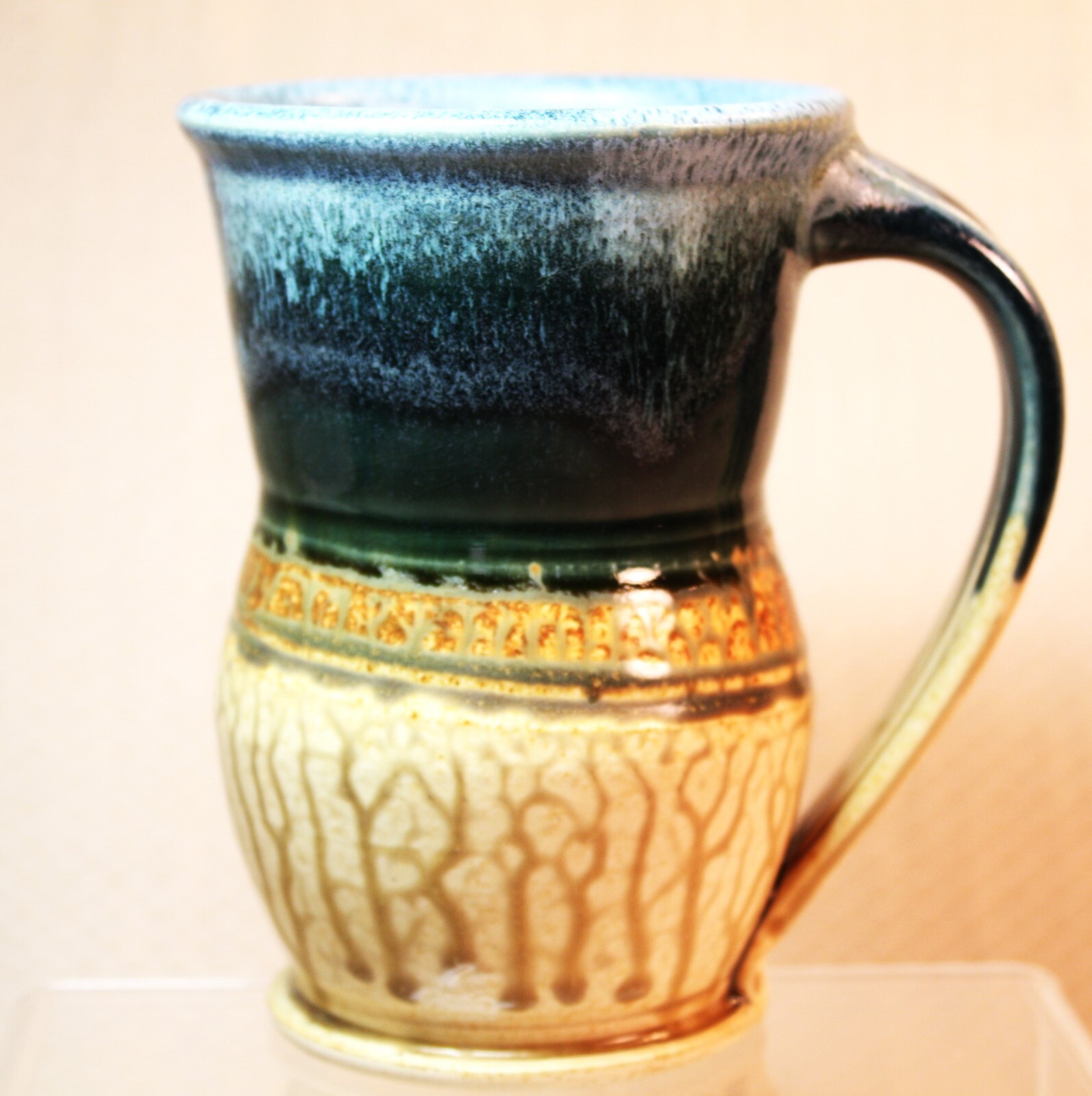 Signed Hand Thrown Pottery Mug Blue Gray Brown Tan Glossy Drip Glaze 5″ Tall