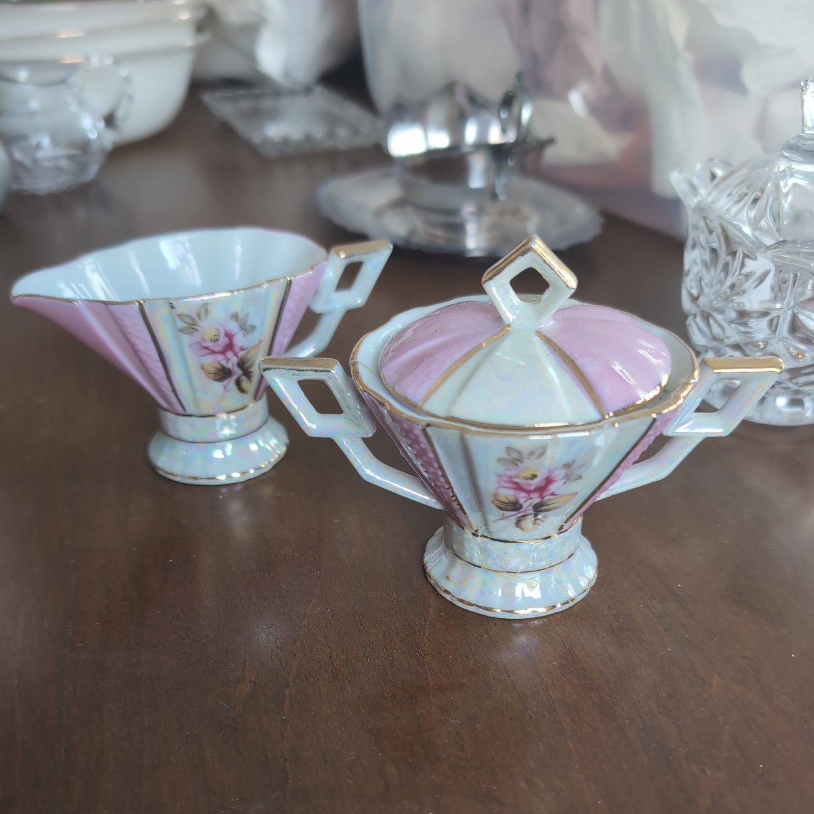 Rare Vintage Lipper Pink Mother Of Pearl Porcelain Creamer & Sugar Bowl Set