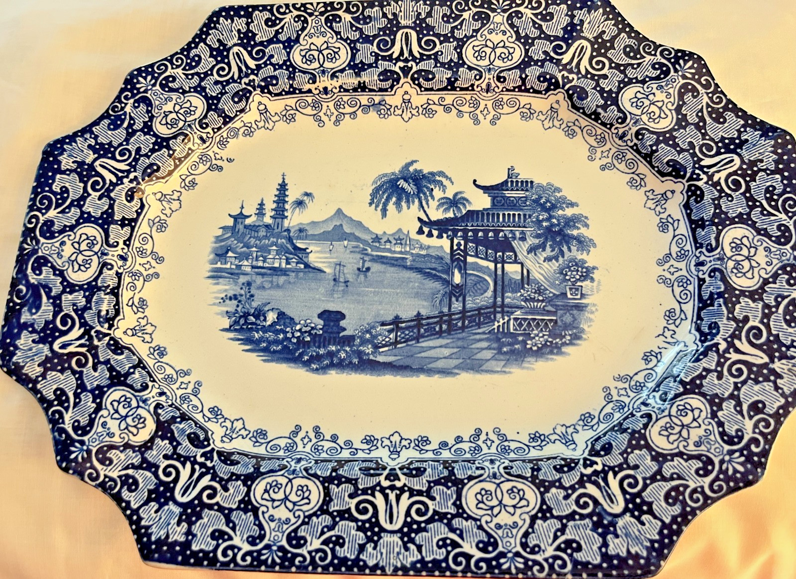 Vintage J.M. EDWARDS “Erford” Octagonal Blue & White Platter 10 1/2 by 14 inches