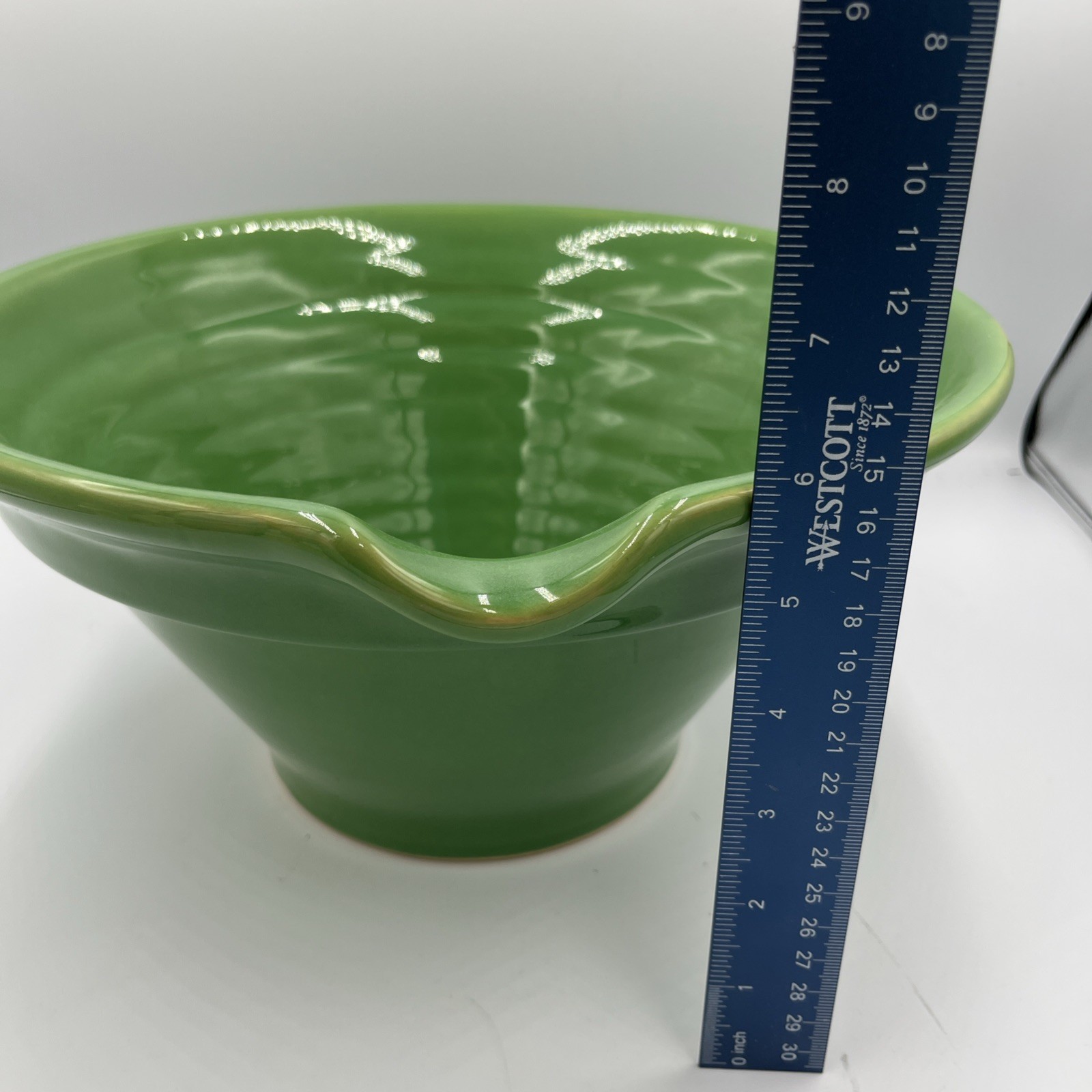 Vintage Over And Back Yellow Ware Bowl Green 11 3/4 Inches Large Batter Bowl
