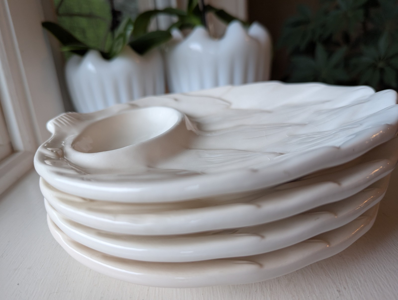 Set of 4 White Artichoke Shaped Appetizer Divided Plate Dish Vintage Japan