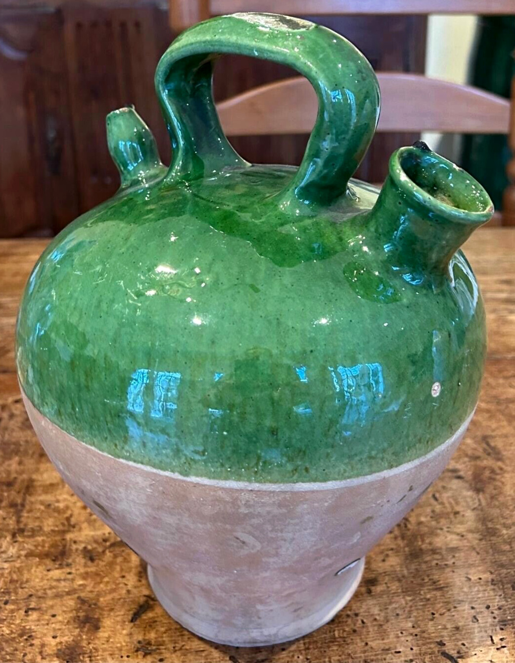 French Antique Confit Pottery Earthenware Green Glazed Pitcher CHRISTMAS SALE