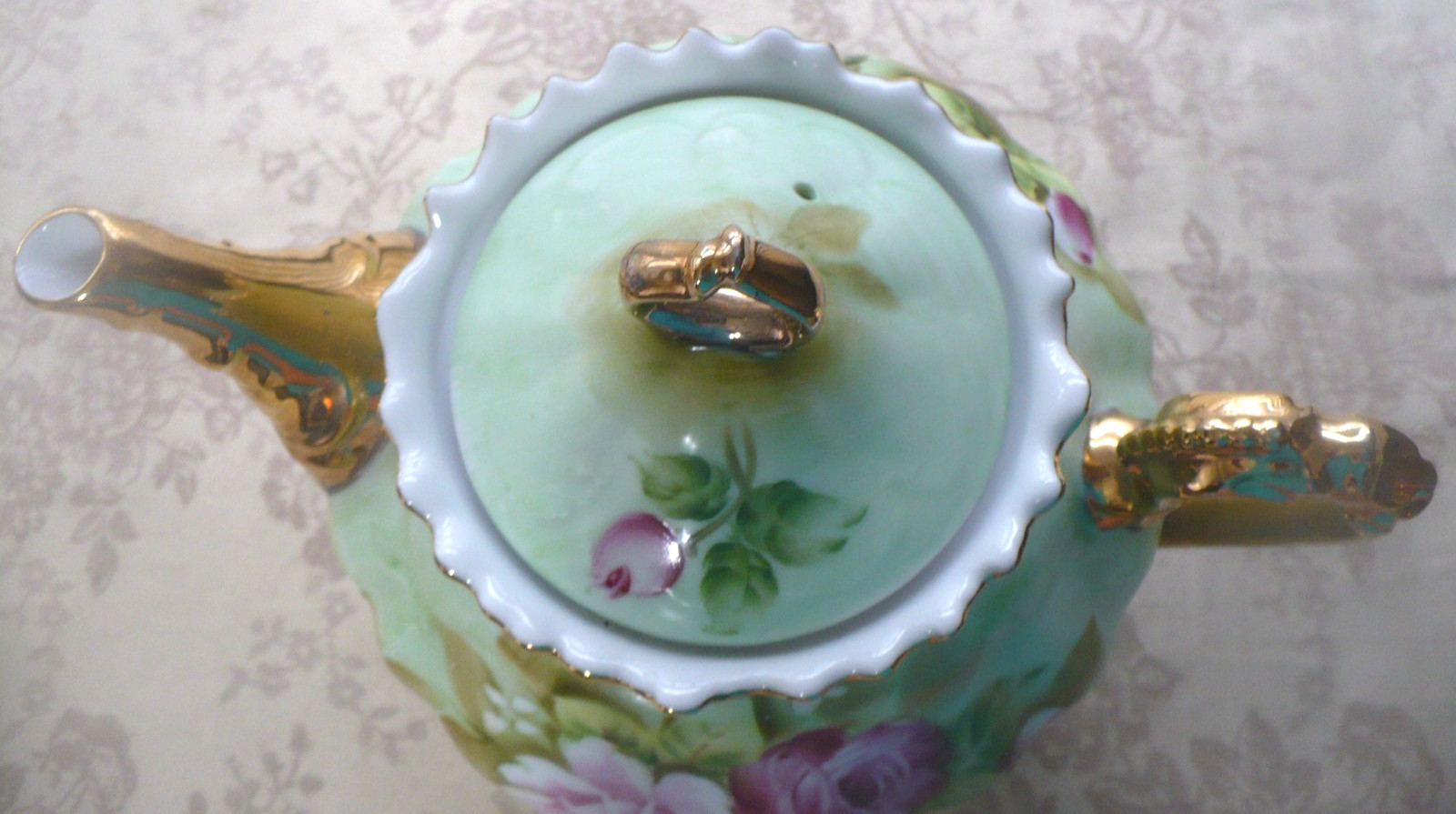 LEFTON CHINA GREEN HERITAGE ROSE ROUND TEAPOT CREAMER AND SUGAR BOWL 3 PC