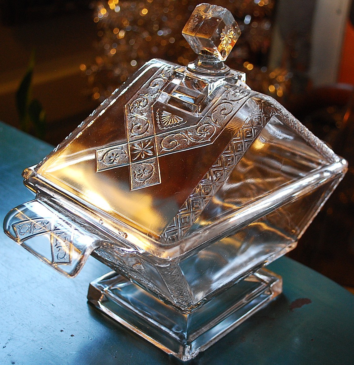 RARE Antique RIVERSIDE JERSEY LILY Pressed Glass FOOTED COMPOTE W LID 1883 10.5″