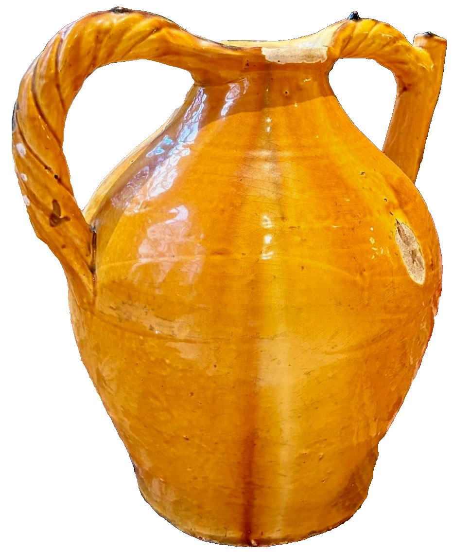 FRENCH ANTIQUE POTTERY YELLOW GLAZE CERAMIC EARTHENWARE CONFIT PITCHER POT