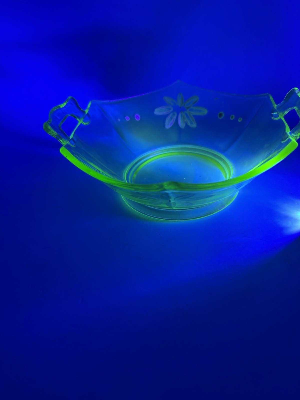 Art Deco Vintage Elegant Uranium Glass Hexagon Handled Bowl Hand painted 6”