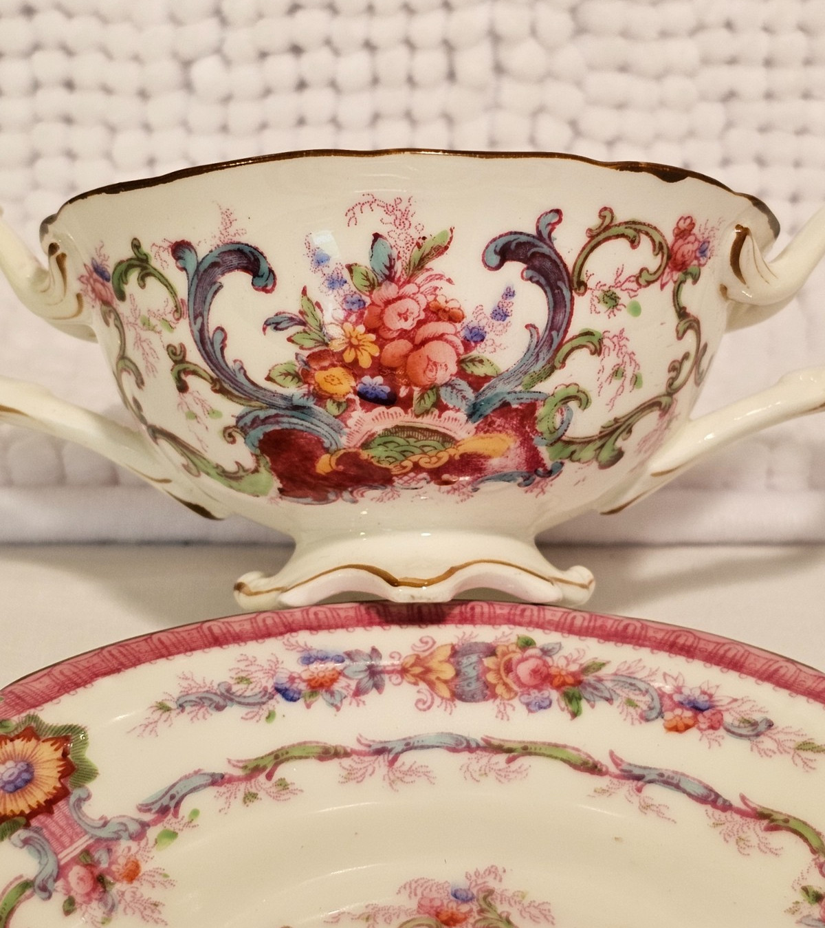 Bouillon cups w/ saucers, set of three, vintage china, Haviland, Cauldon, Pouyat