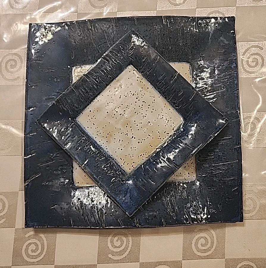 2 Studio Pottery Square Plates Hand Thrown Blue Tan Clay Stamped/Signed 9”, 5.6″