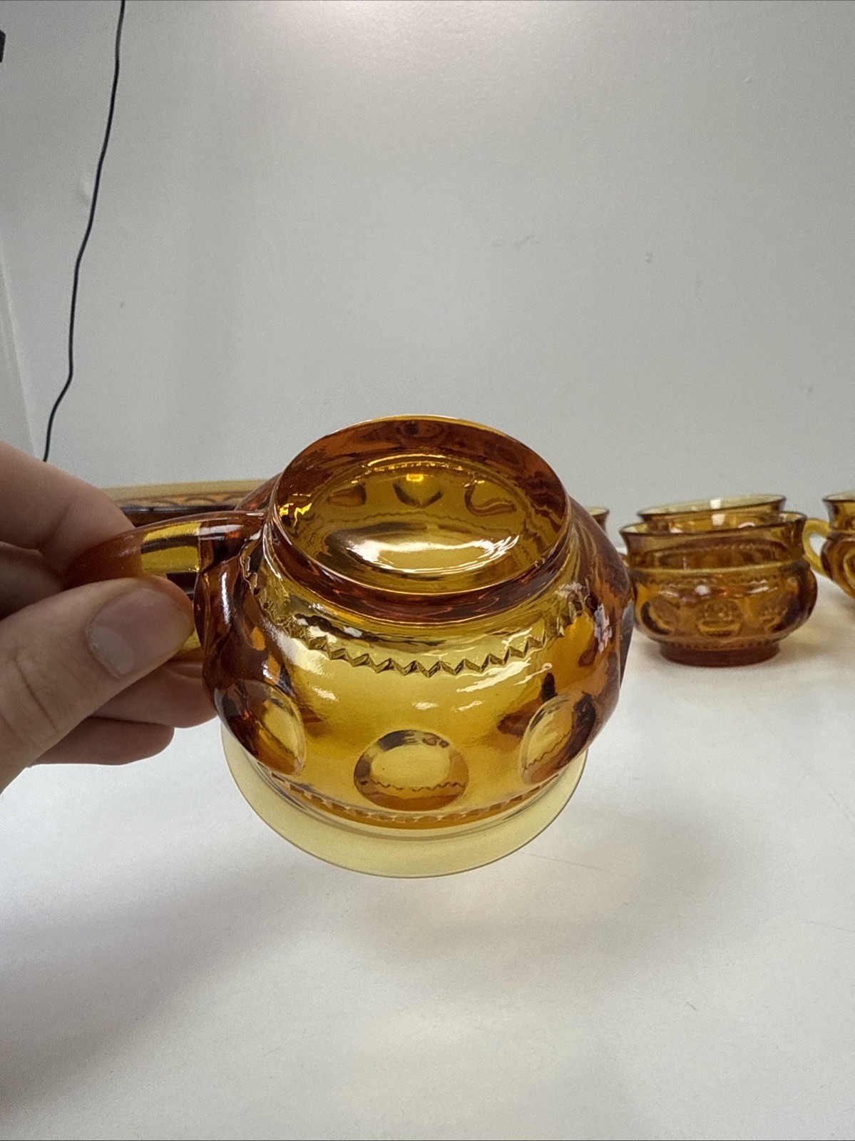 VTG 12pc Kings Crown Thumbprint Indiana Amber Glass Dinner Set Glasses & Plates