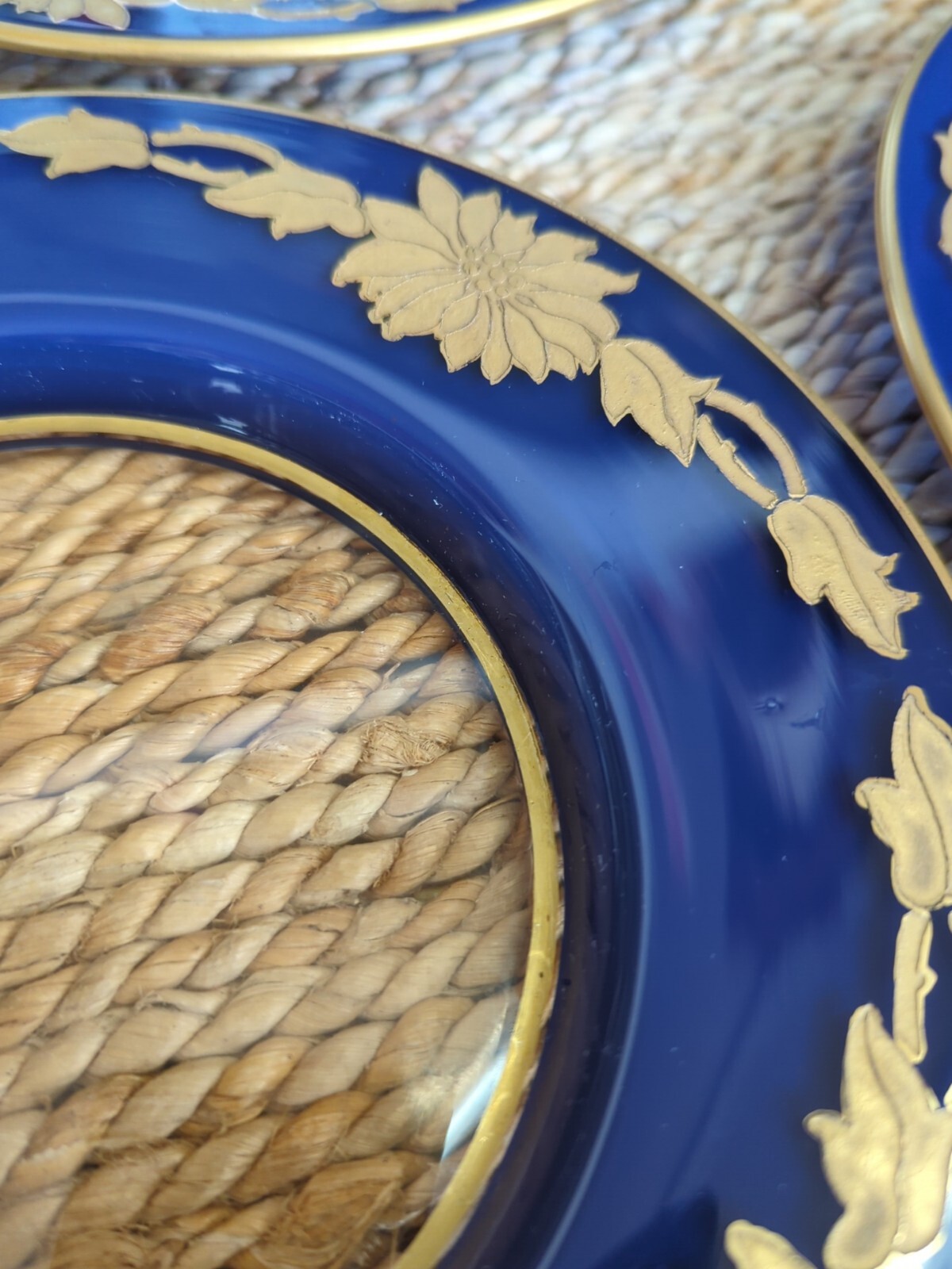 Antique Bohemian Gold Gilt Enameled Colbalt Cased Glass Plates Set 5 Hand Paint