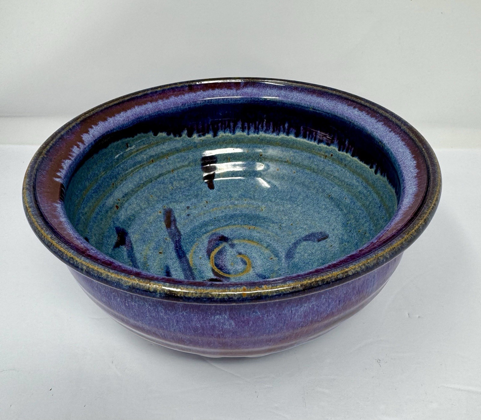 Vintage Studio Pottery Bowl Blue Purple Drip Glaze Handmade Ceramic Signed 7.75”