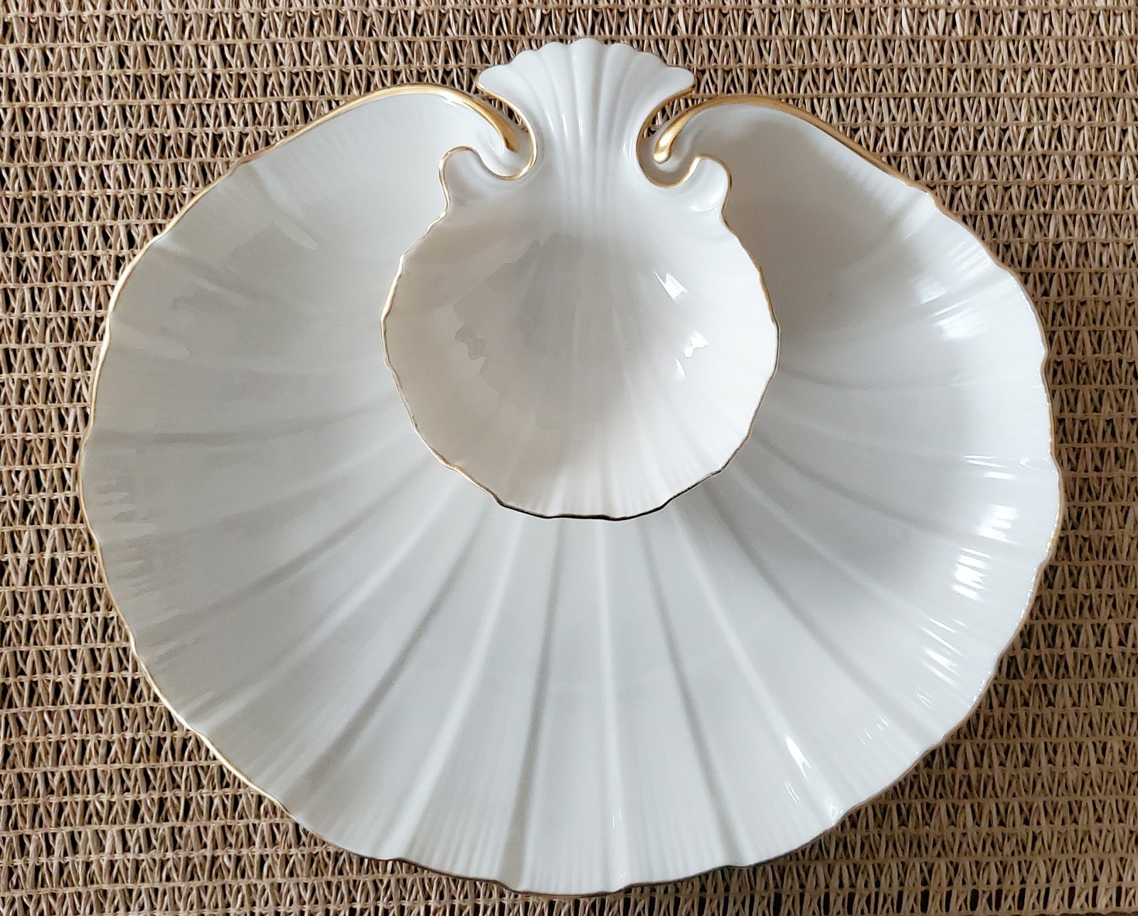 Vintage Lenox Aegean Double Shell Chip Dip Shrimp Serving Dish 24K Gold USA 12″