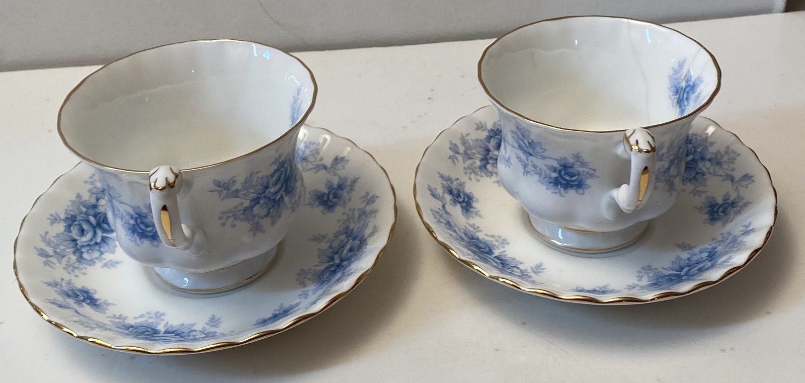 Two (2) Vintage Royal Albert Windsor Rose Blue Footed Cup & Saucer Sets