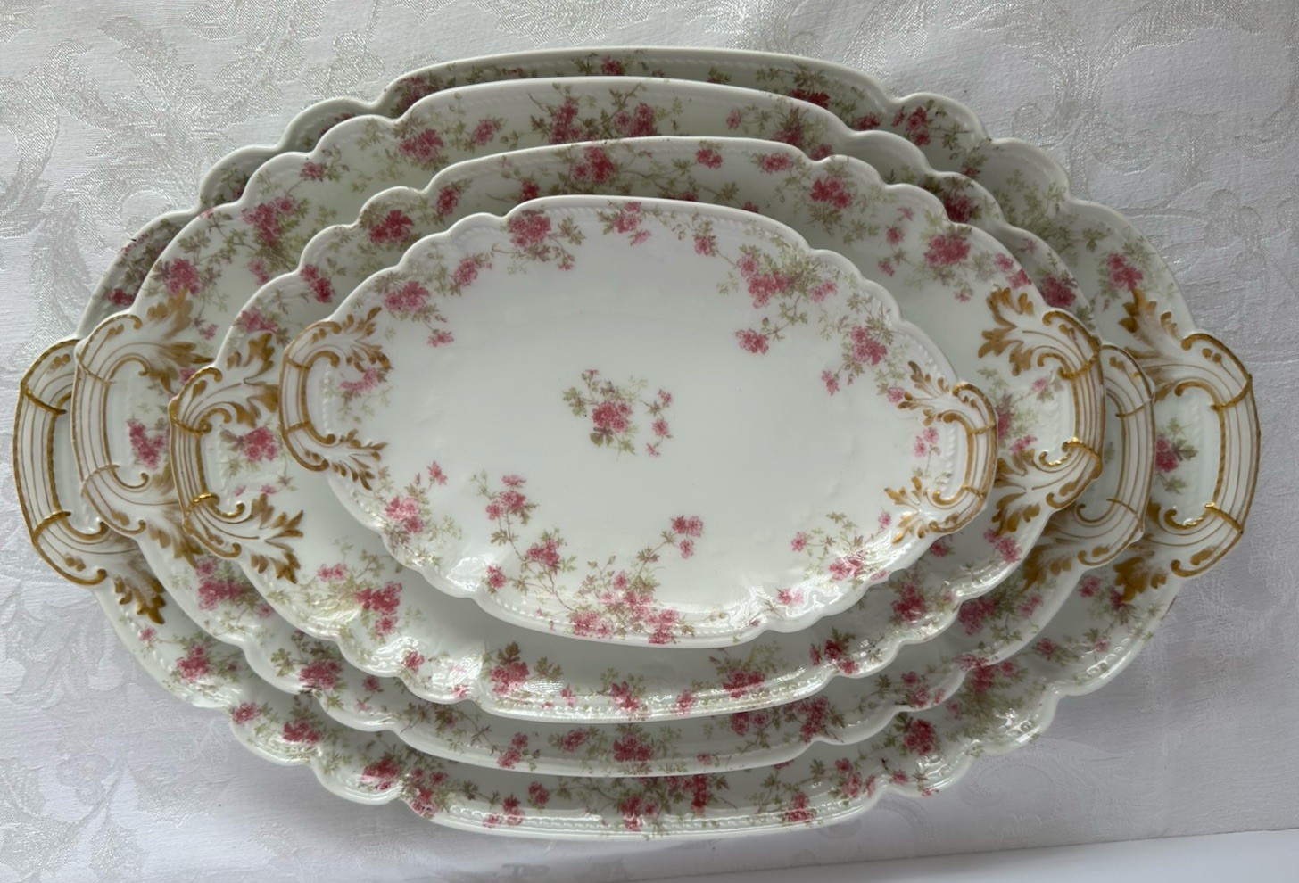 4 Charles Field Haviland Limoges Embossed Serving Platters W/Pink Floral Sprays
