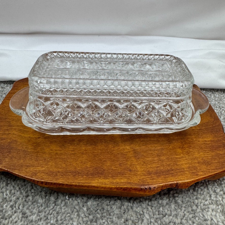 Anchor Hocking Vintage Wexford Cut Glass Covered Butter Dish Diamond XXX Pattern